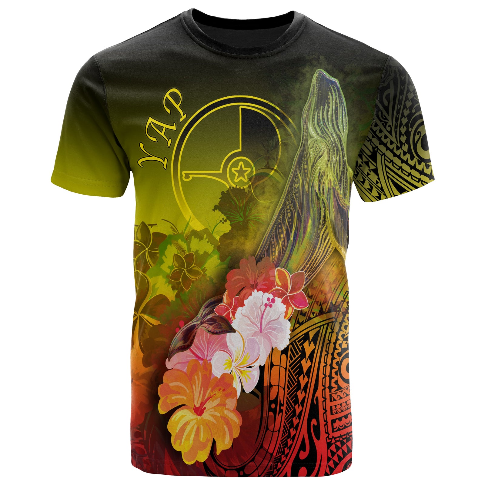 Yap T Shirt Humpback Whale with Tropical Flowers (Yellow) Unisex Yellow - Polynesian Pride