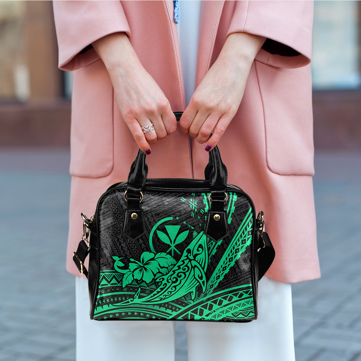 Hawaii Humpback Whale With Hibiscus Tribal Green Shoulder Handbag - LT12 One Size Green - Polynesian Pride