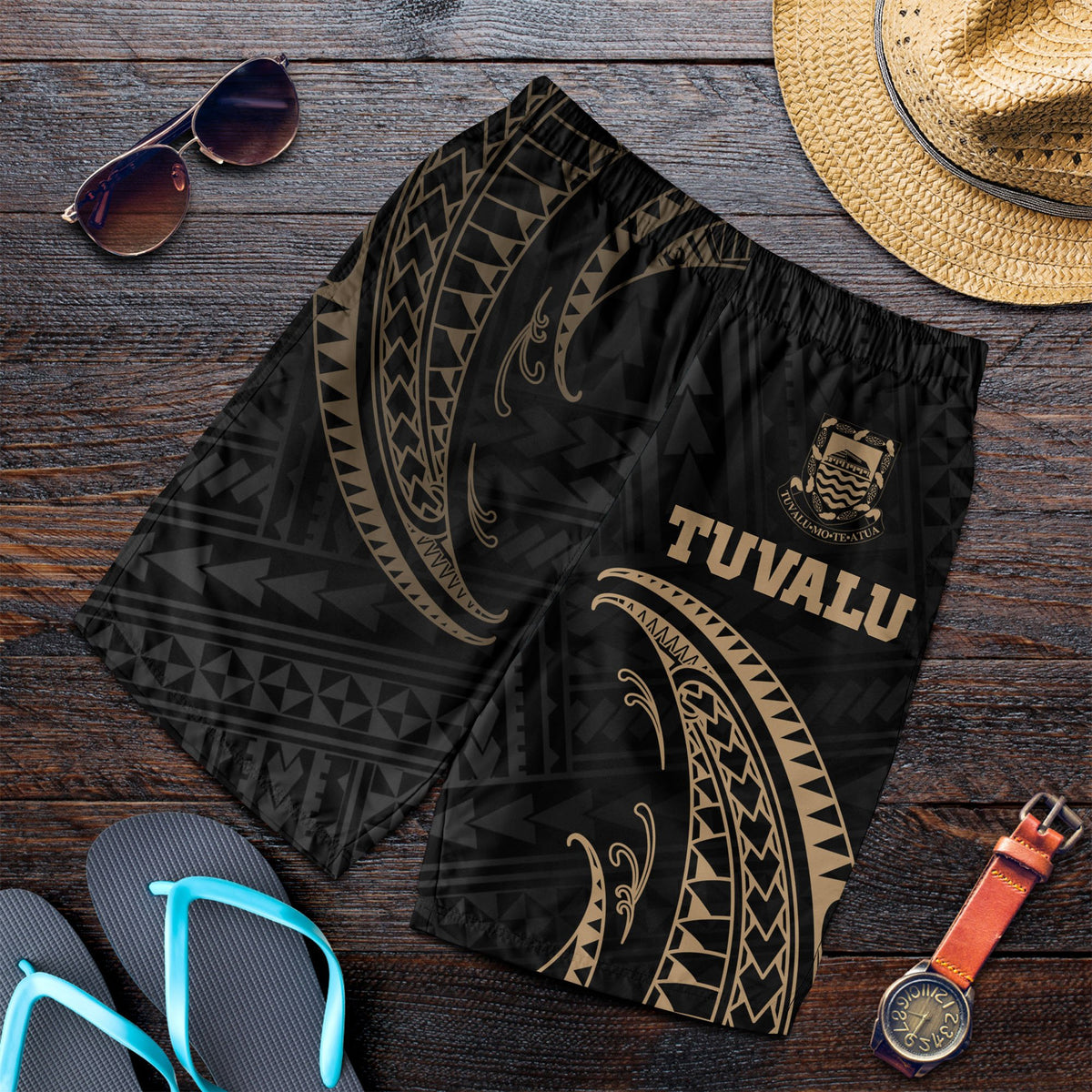 Tuvalu Polynesian Men's Short - Gold Tribal Wave - Polynesian Pride