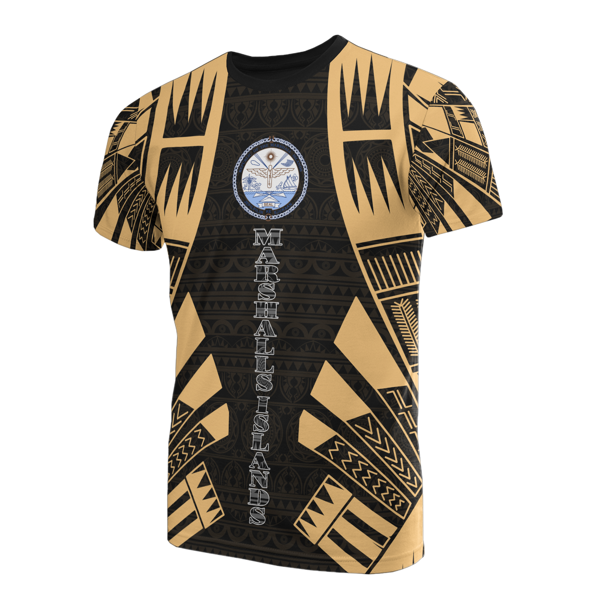 Marshall Islands T Shirt Marshall Islands Seal Polynesian Tattoo Gold Style Unisex Black-Gold - Polynesian Pride