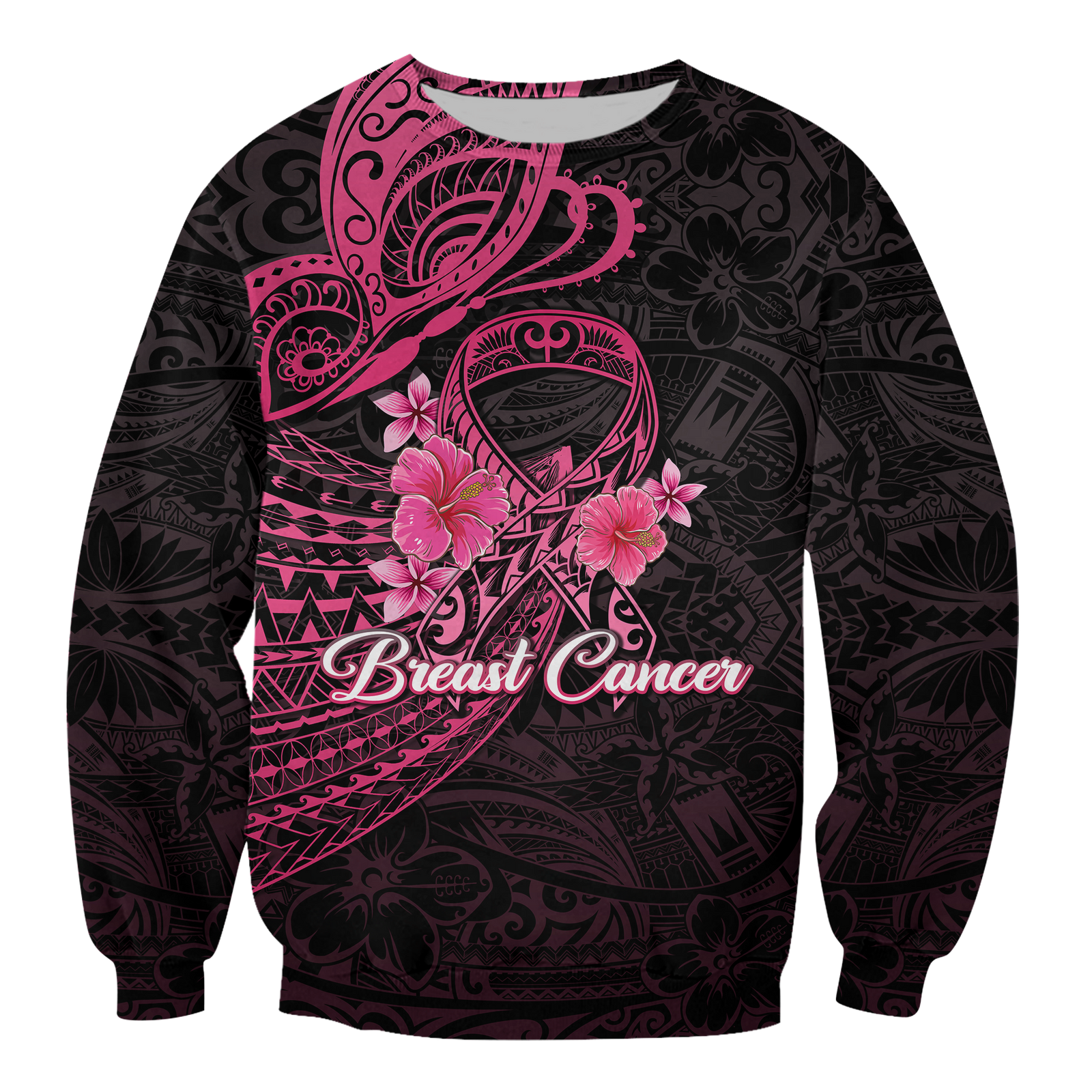 (Custom Personalised) Breast Cancer Pink Ribbon Butterfly Polynesian Black Version Sweatshirt - LT12 Unisex Blue - Polynesian Pride