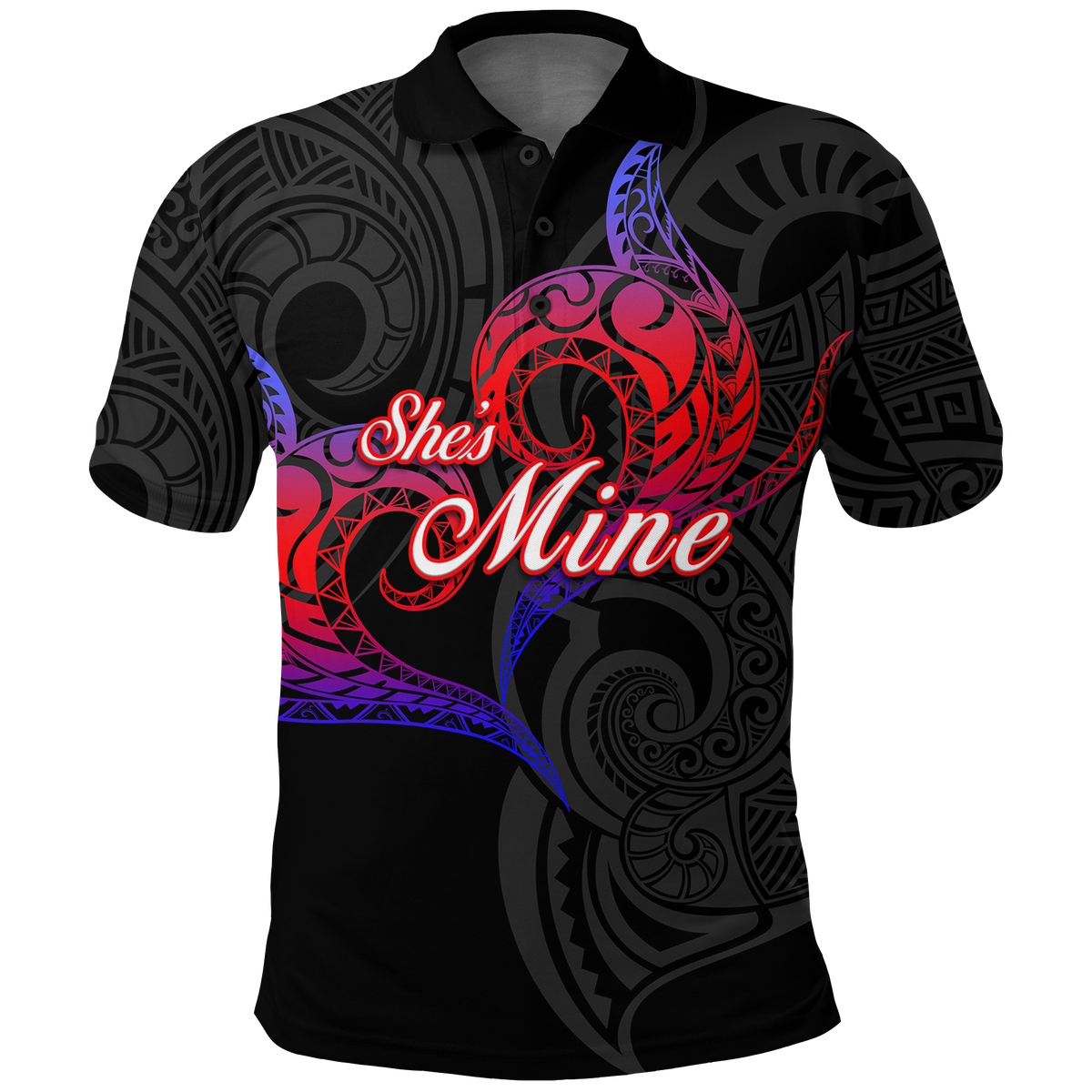 Valentine Day Guam Couple She Mine Polo Shirt Heart Tribal LT12 Black - Polynesian Pride