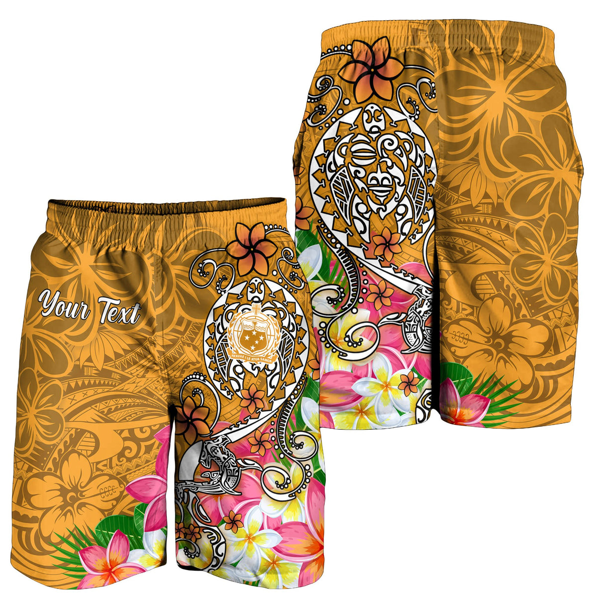 Samoa Custom Personalised Men's Shorts - Turtle Plumeria (Gold) - Polynesian Pride