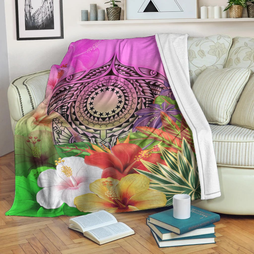 Cook Islands Polynesian Premium Blanket - Manta Ray Tropical Flowers - Polynesian Pride