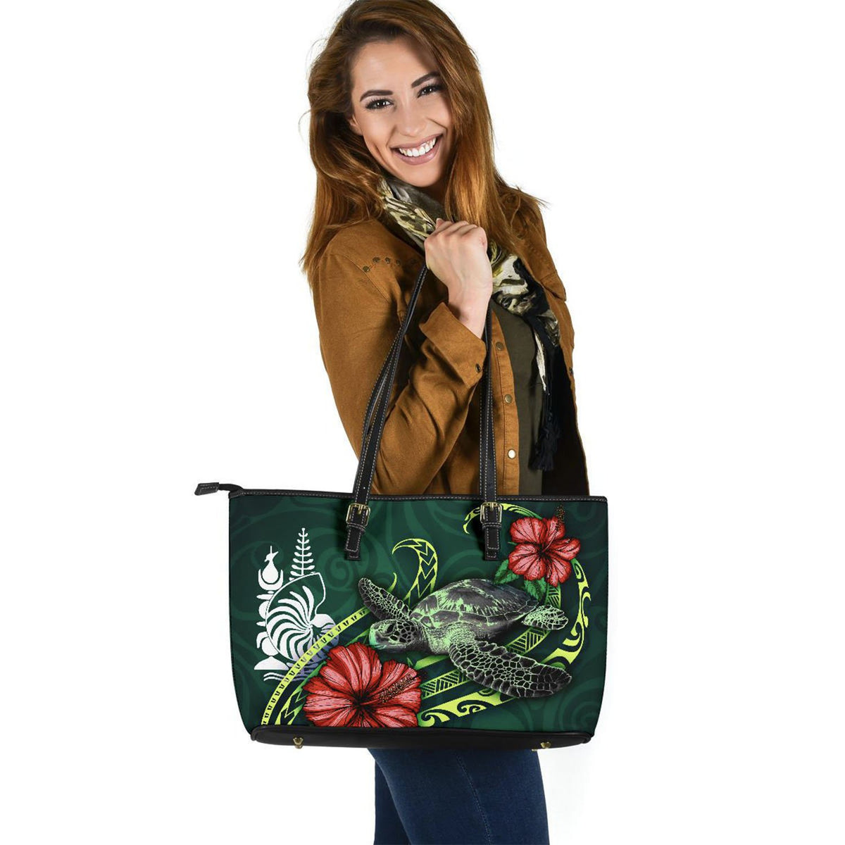 New Caledonia Polynesian Leather Tote Bag - Green Turtle Hibiscus - Polynesian Pride