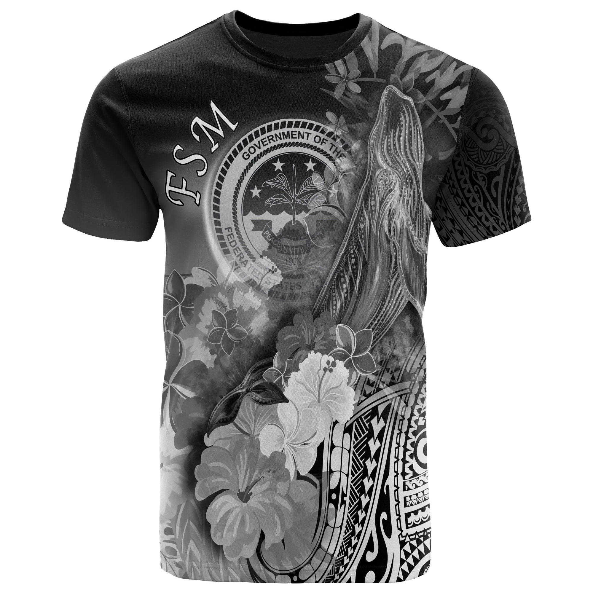 Fsm T Shirt Humpback Whale with Tropical Flowers (White) Unisex Art - Polynesian Pride