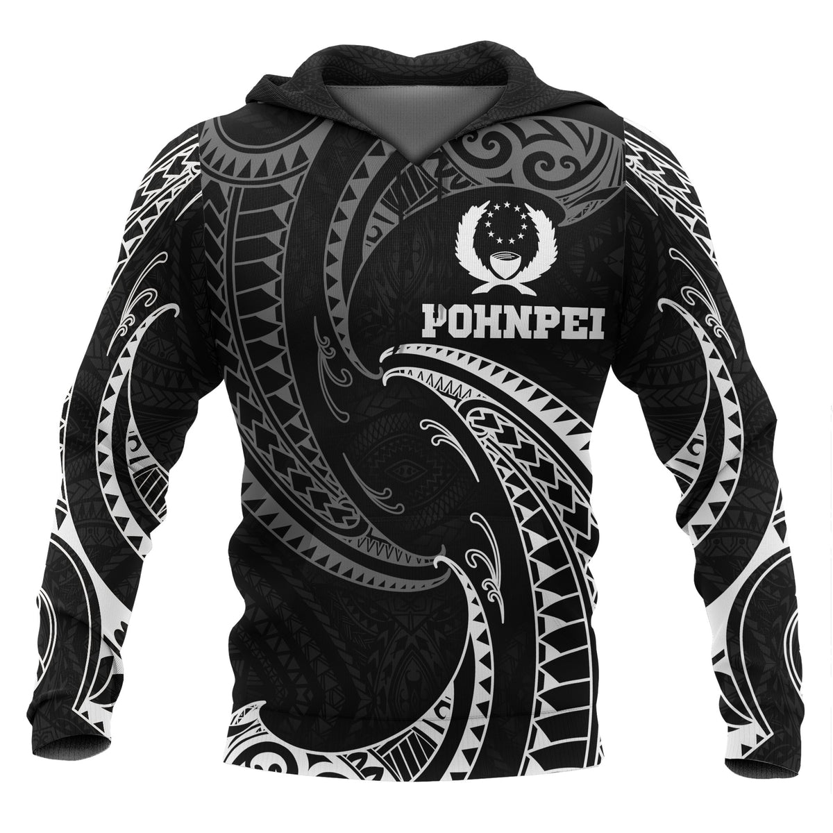 Pohnpei Micronesia Hoodie White Tribal Wave Unisex Black - Polynesian Pride