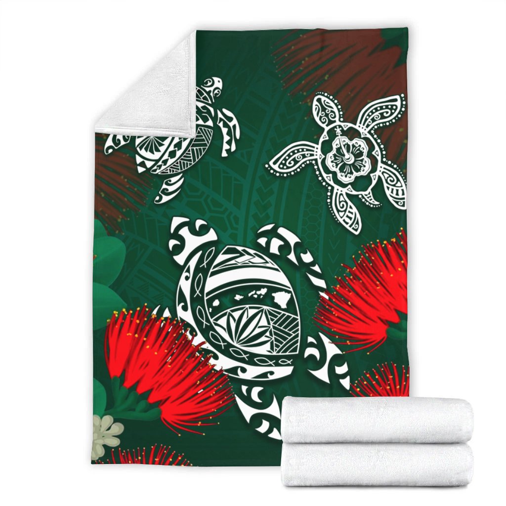 Hawaii Lehua Flowers Turtle Poly Premium Blanket - Ser Style - AH - Polynesian Pride