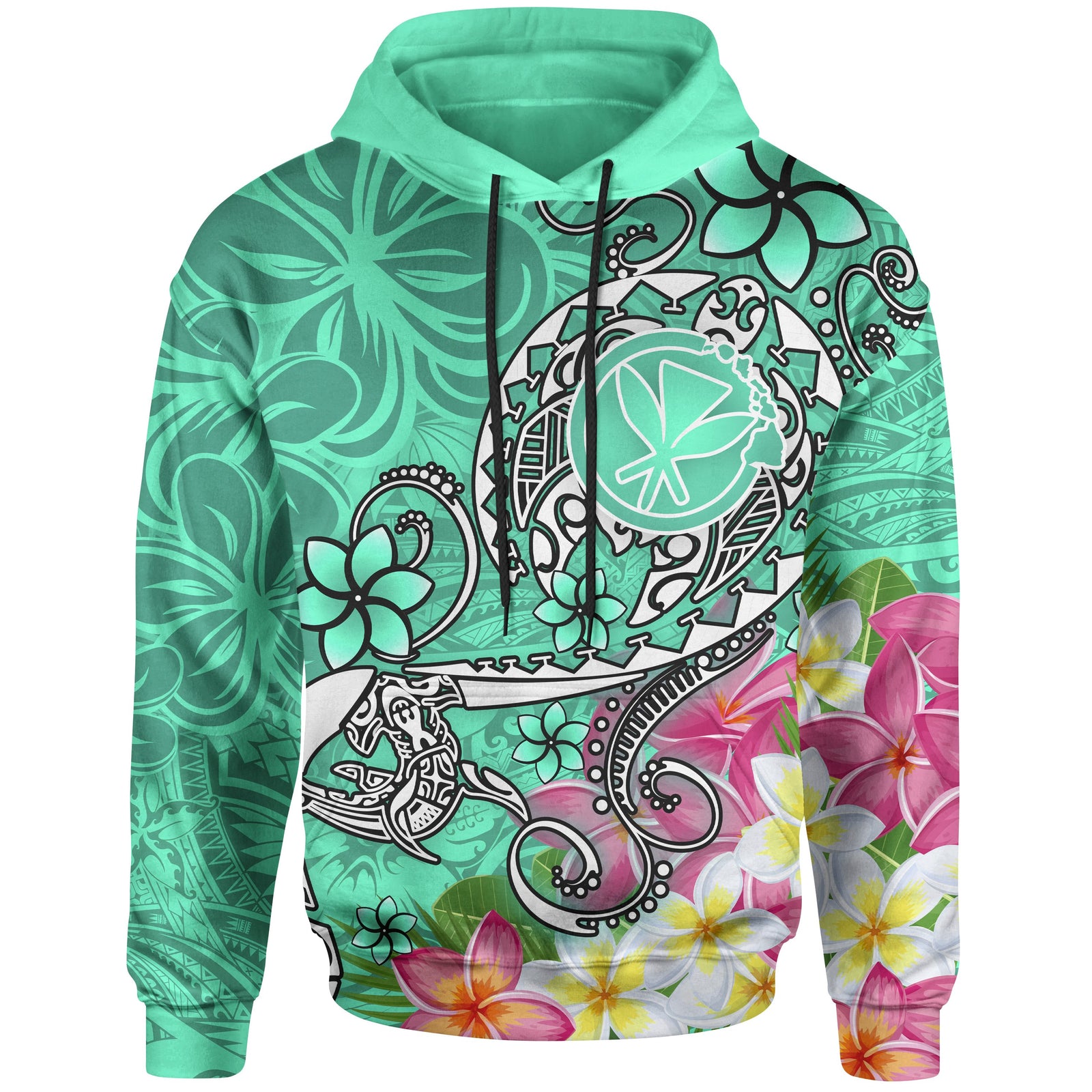 Hawaii Hoodie Turtle Plumeria Polynesian Tattoo Turquoise Color Unisex Turquoise - Polynesian Pride