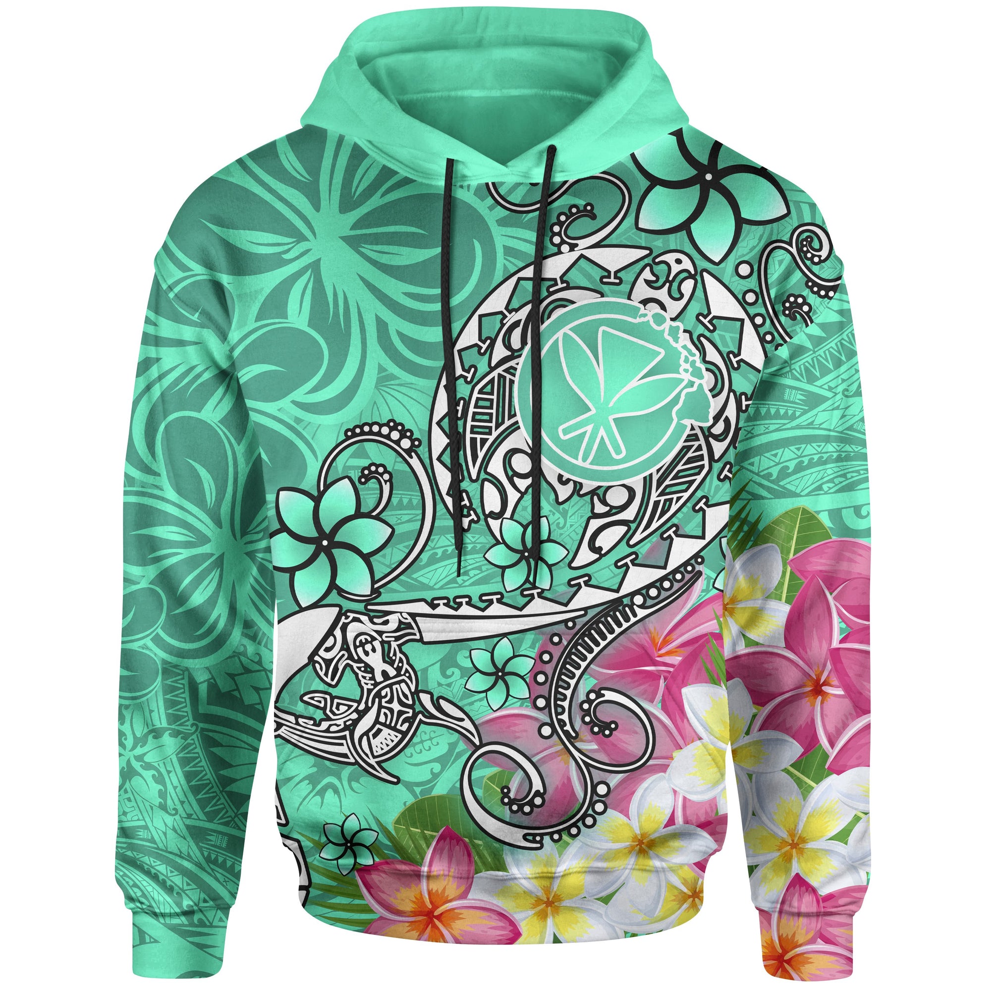 Hawaii Hoodie Turtle Plumeria Polynesian Tattoo Turquoise Color Unisex Turquoise - Polynesian Pride