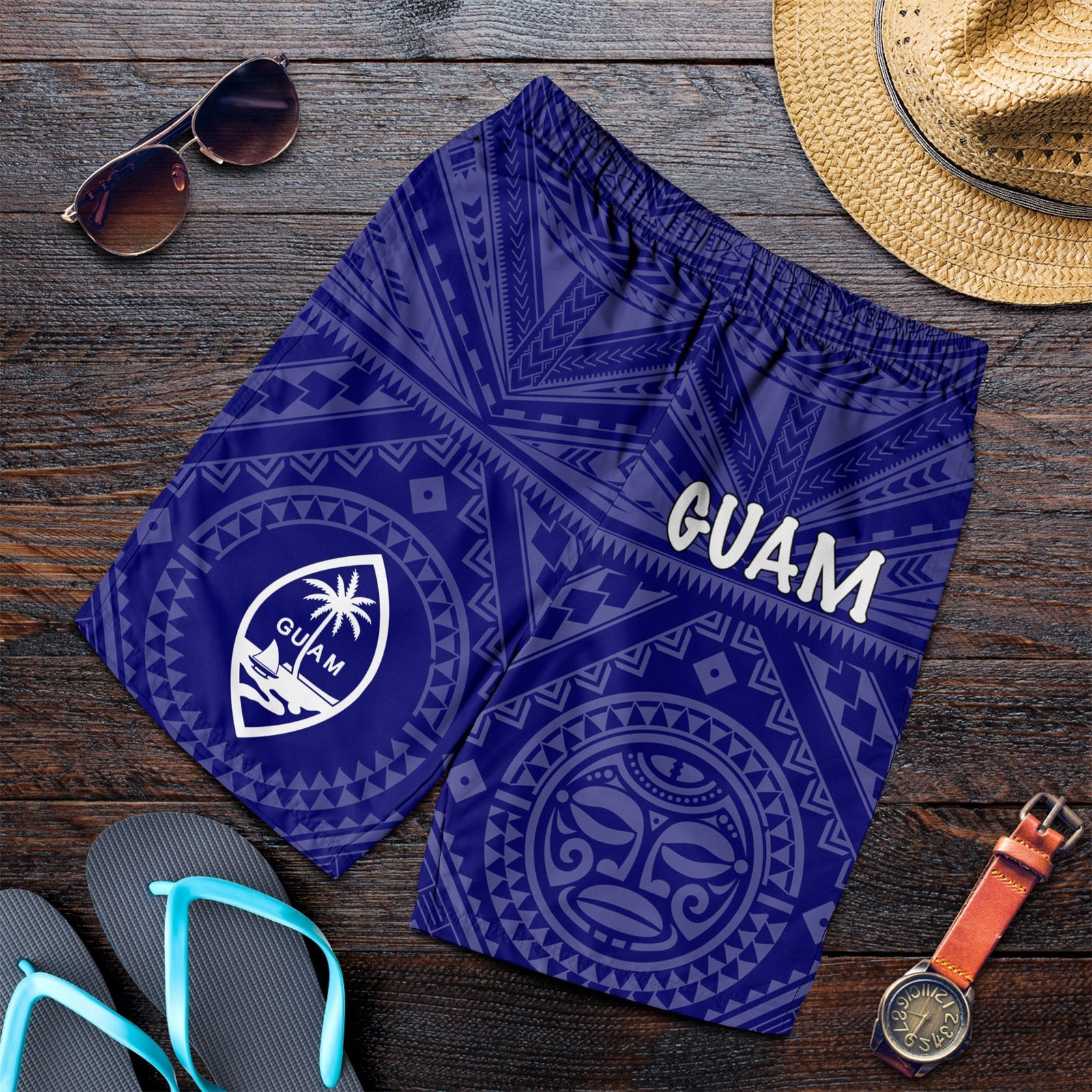 Guam Men's Short - Guam Seal With Polynesian Tattoo Style (Blue) - Polynesian Pride
