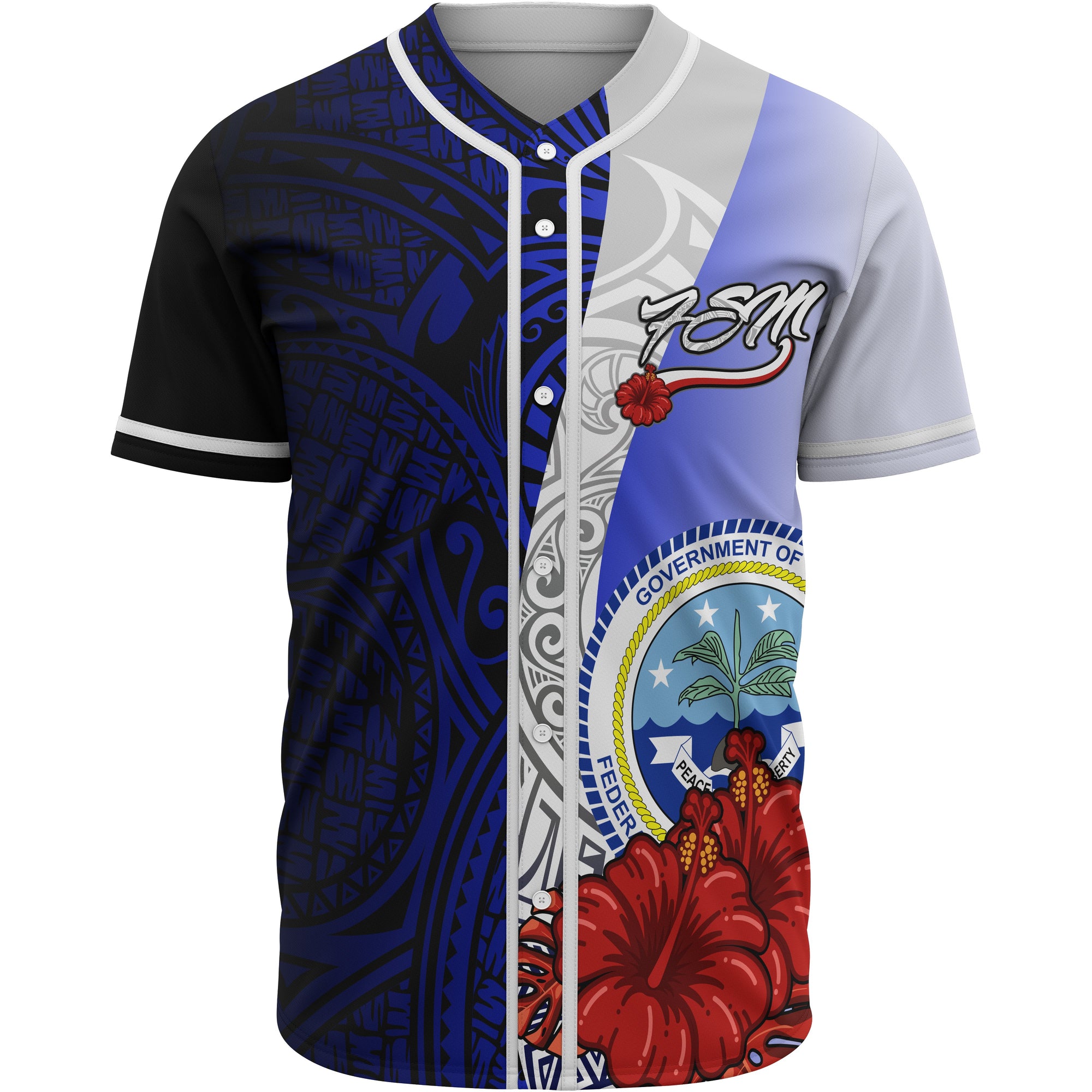 Federated States Of Micronesia Polynesian Baseball Shirt - Coat Of Arm With Hibiscus Blue Unisex Blue - Polynesian Pride
