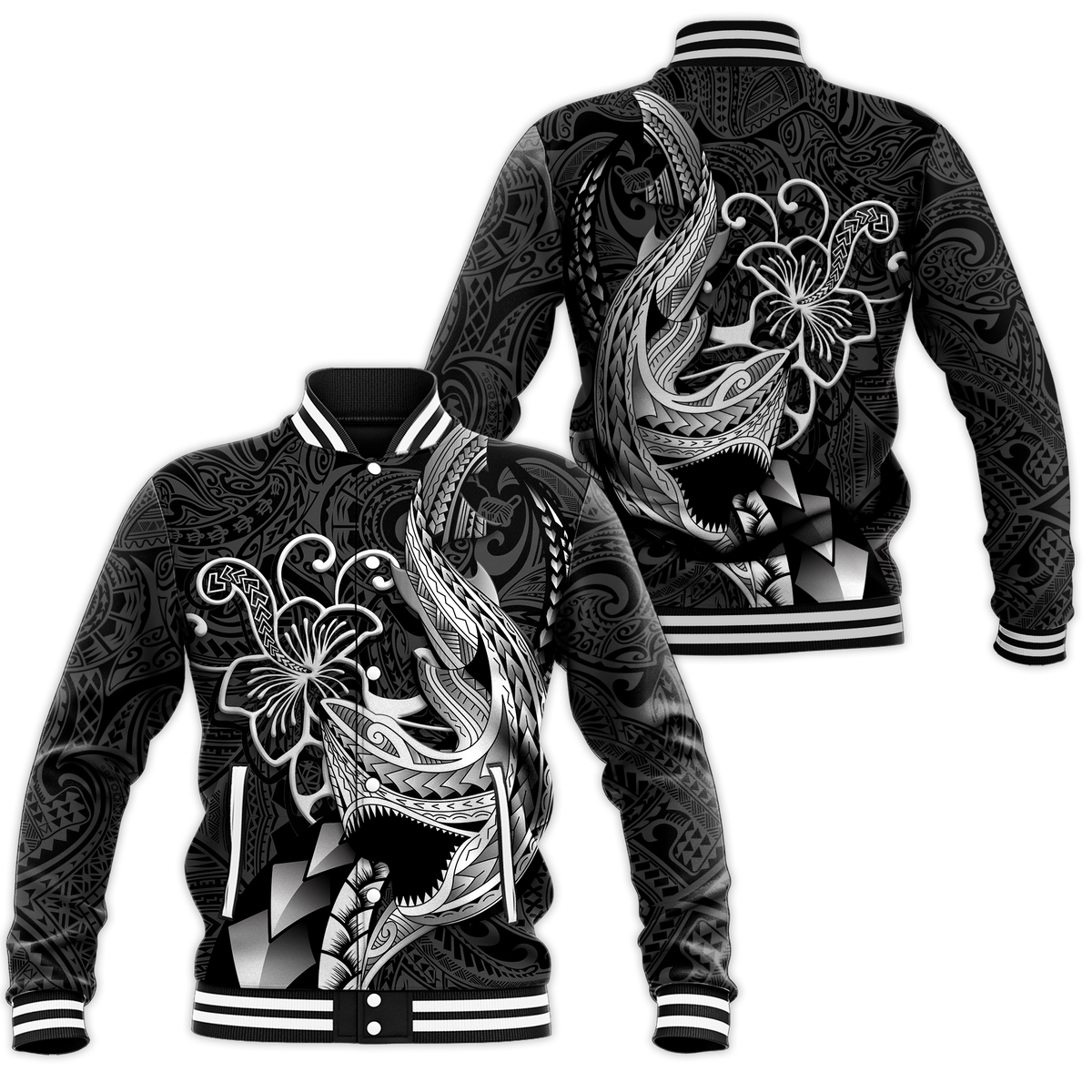 Polynesian Shark Tattoo Hawaii Tribal Baseball Jacket - LT12 Unisex Black - Polynesian Pride