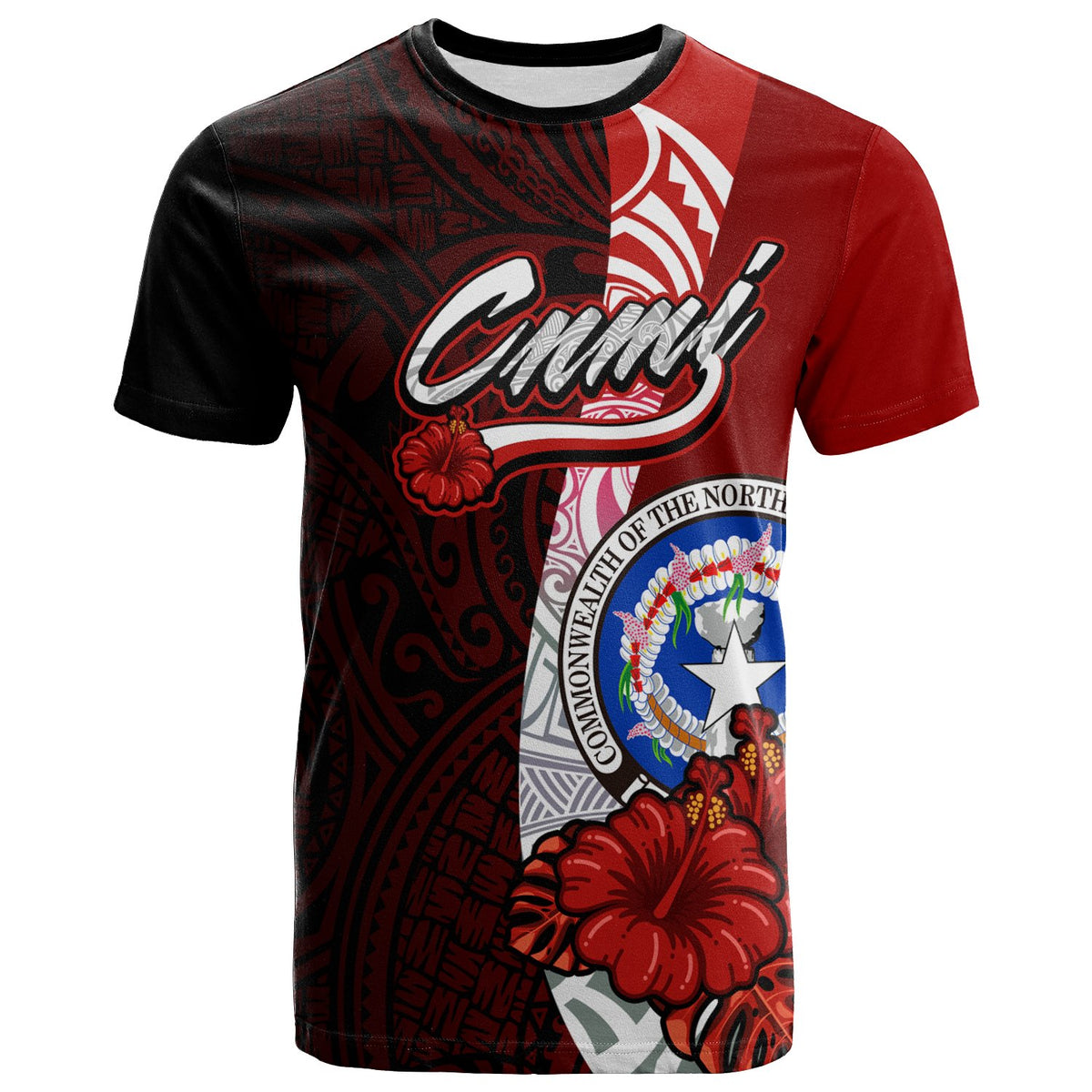 Northern Mariana Islands Polynesian T Shirt Coat Of Arm With Hibiscus Unisex Red - Polynesian Pride