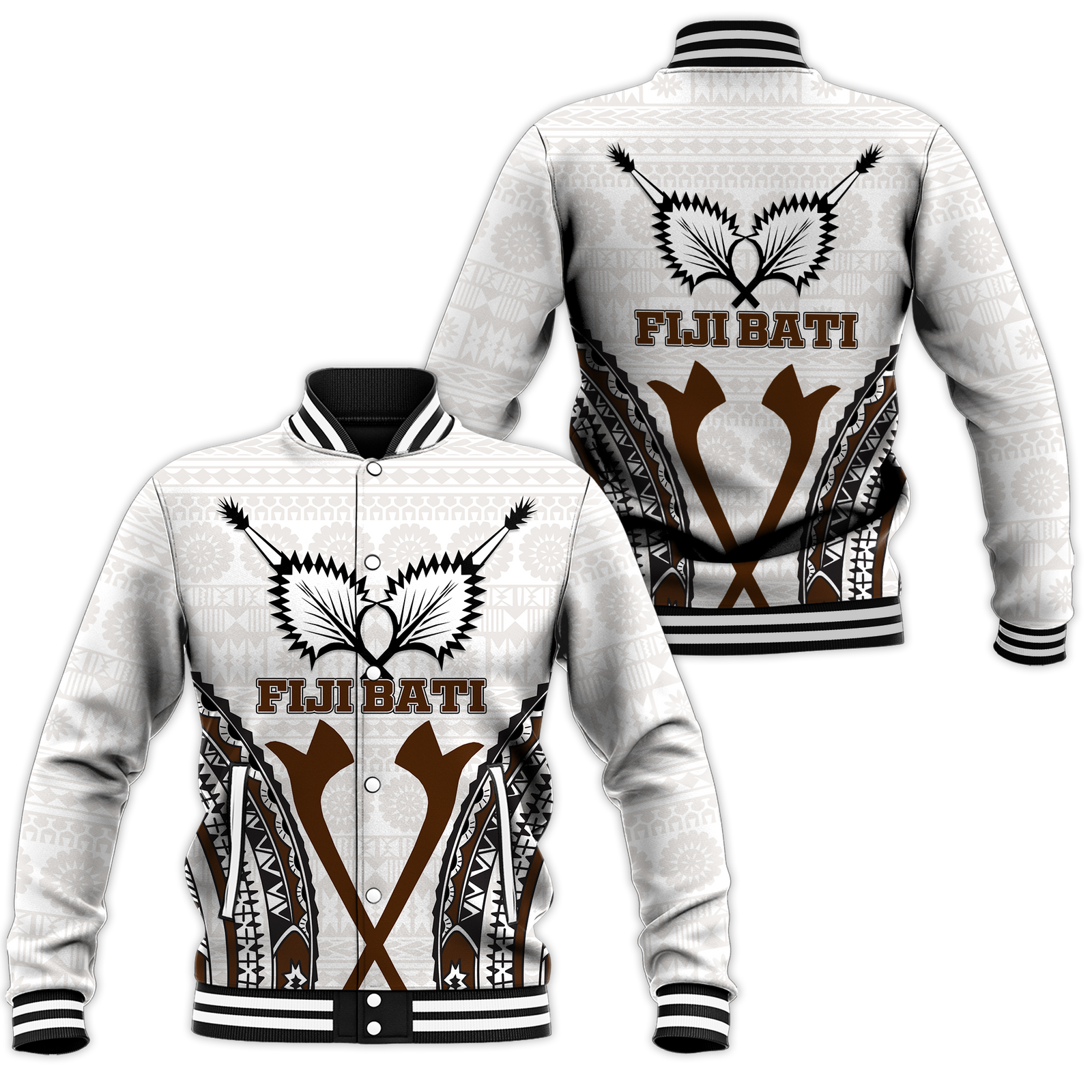 Fiji Bati Tapa Pattern Baseball Jacket - LT12 Unisex White - Polynesian Pride