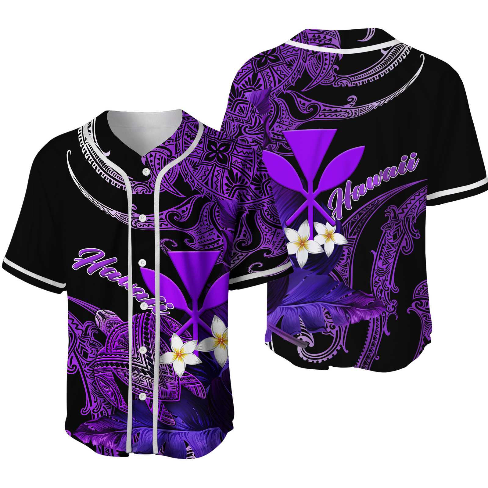 Hawaii Turtle With Plumeria Leaf Purple Baseball Jersey - LT12 Unisex Black - Polynesian Pride
