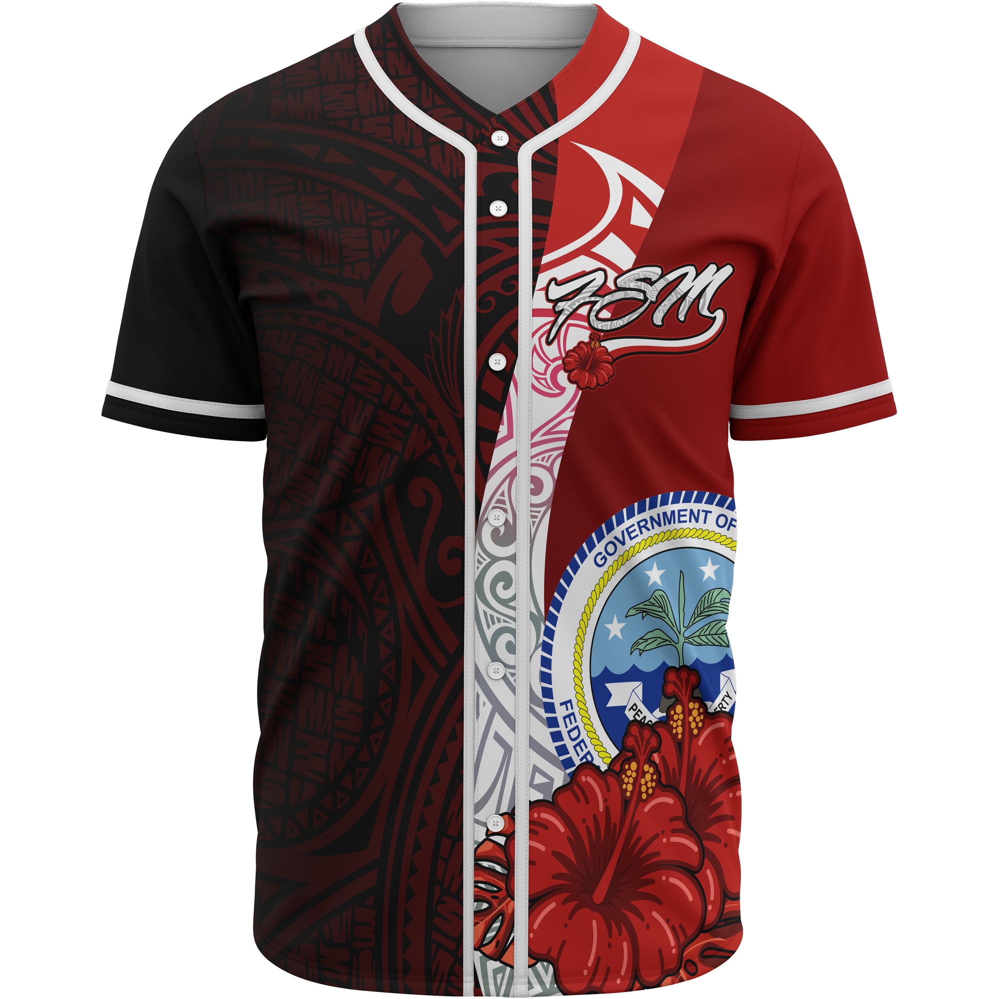 Federated States Of Micronesia Polynesian Baseball Shirt - Coat Of Arm With Hibiscus Unisex Red - Polynesian Pride