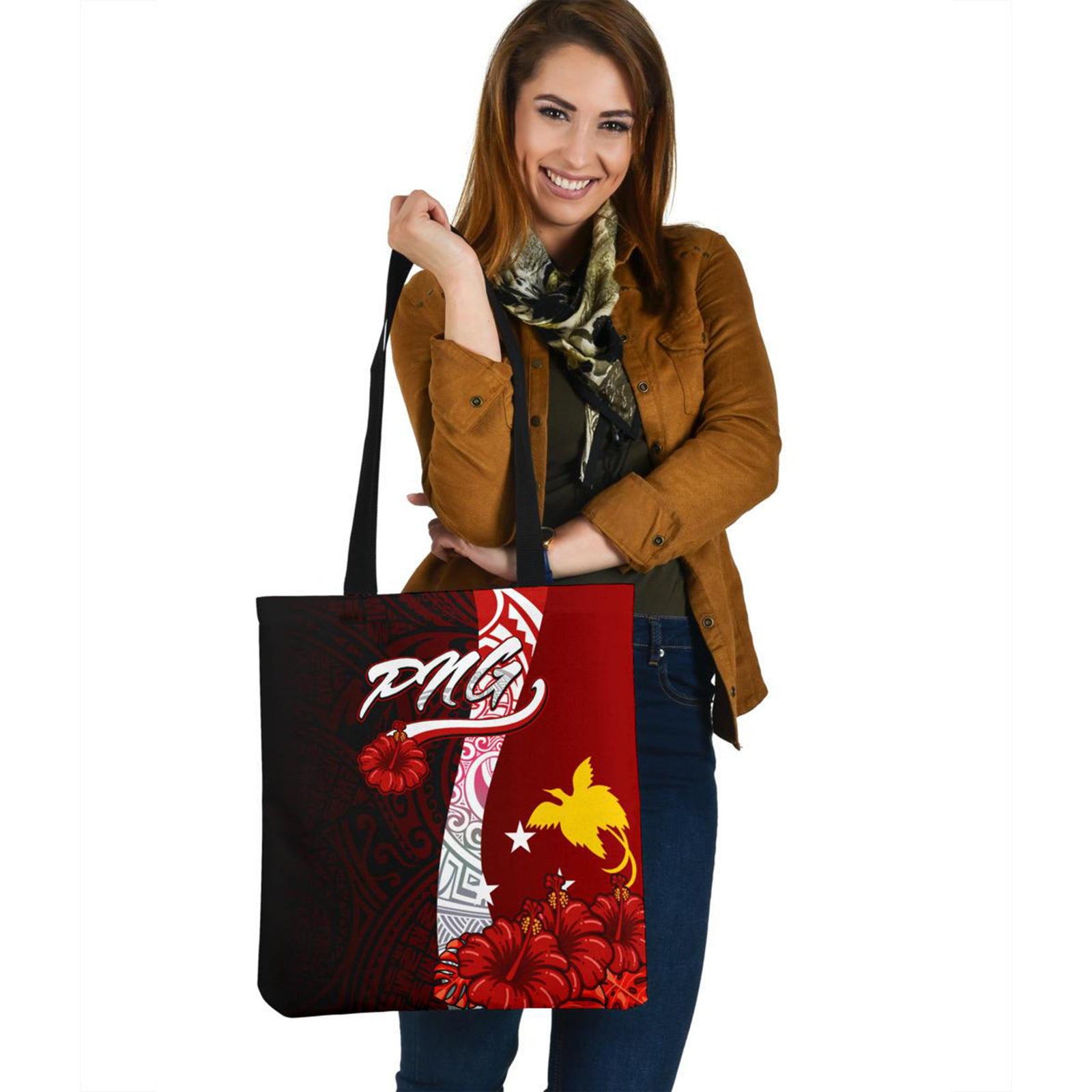 Papua New Guinea Polynesian Tote Bag - Coat Of Arm With Hibiscus Tote Bag One Size Red - Polynesian Pride