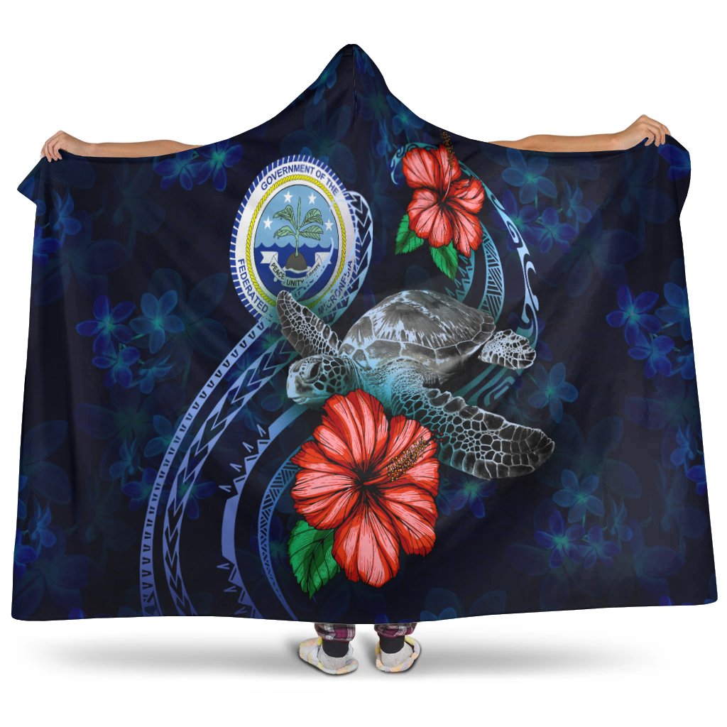 Federated States Of Micronesia Polynesian Hooded Blanket - Blue Turtle Hibiscus Hooded Blanket Blue - Polynesian Pride