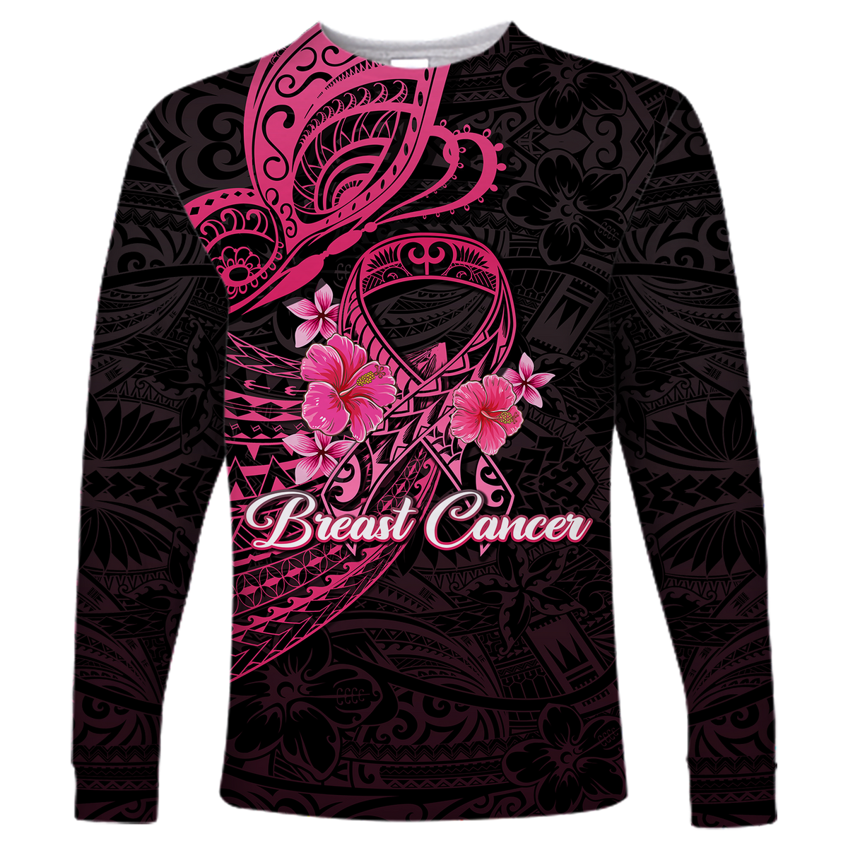 Breast Cancer Pink Ribbon Butterfly Polynesian Black Version Long Sleeve Shirt - LT12 Unisex Black - Polynesian Pride