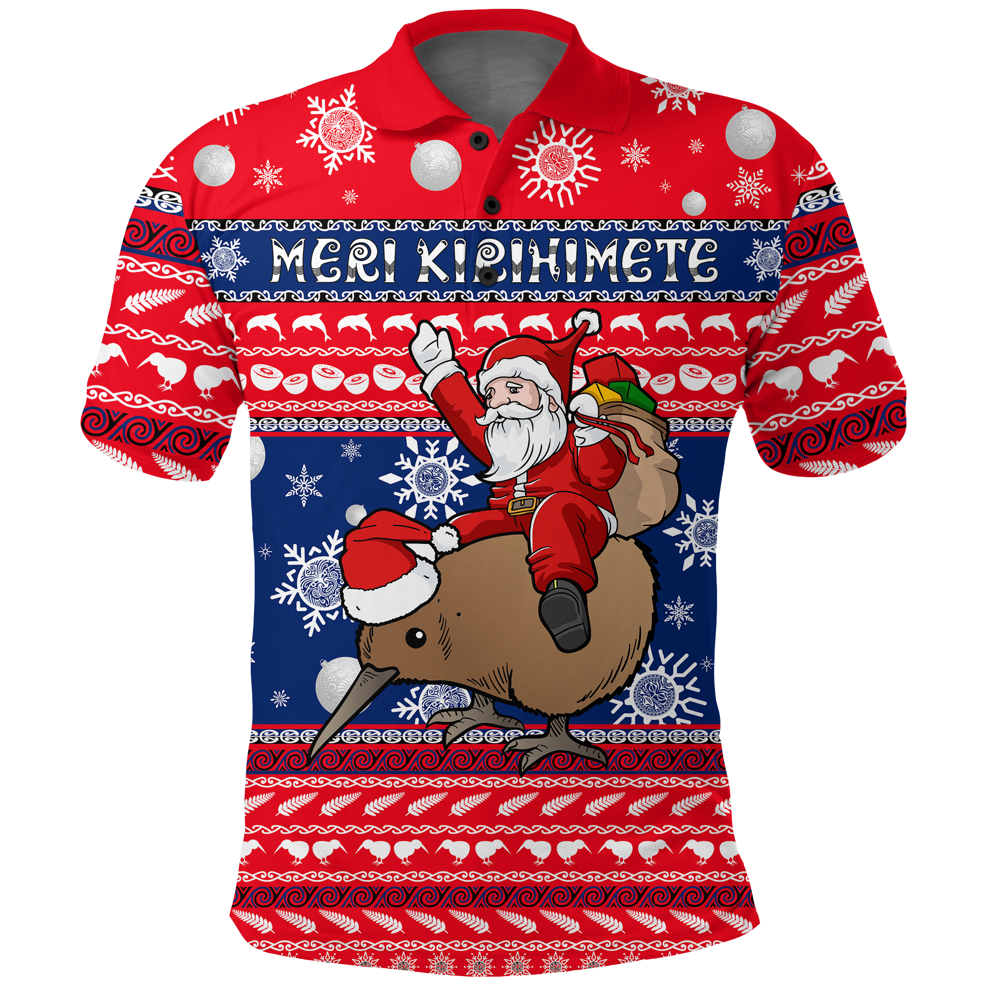 New Zealand Maori Meri Kirihimete Polo Shirt LT2 Adult RED - Polynesian Pride