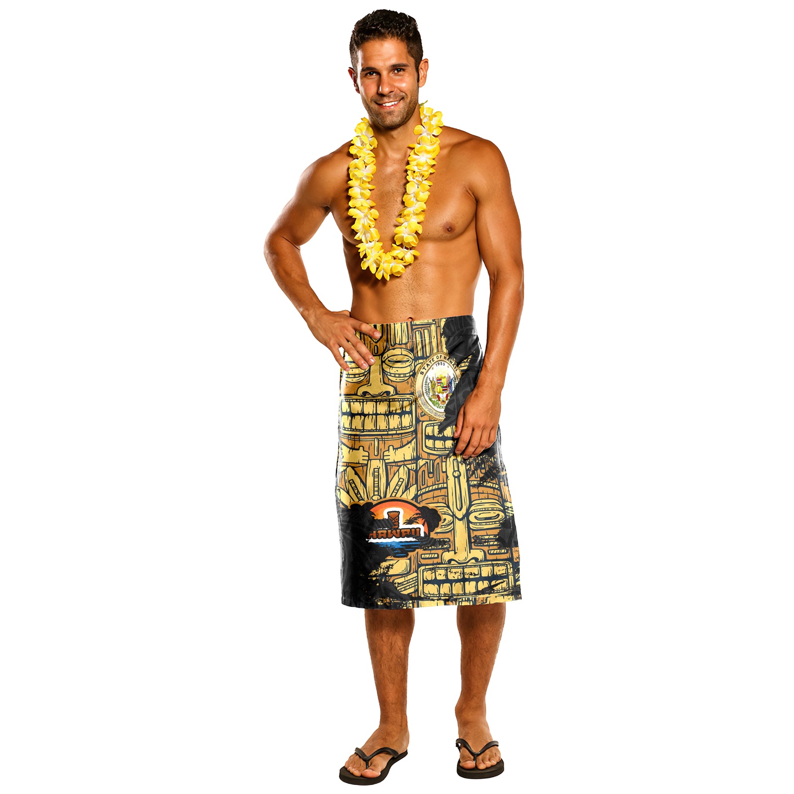Hawaii Lavalava - Hawaii Seal With Surfing Tiki Masks Hawaiian Wooden Tribal Patterns One Size Gold - Polynesian Pride