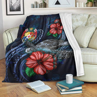 Tonga Polynesian Premium Blanket - Blue Turtle Hibiscus White - Polynesian Pride