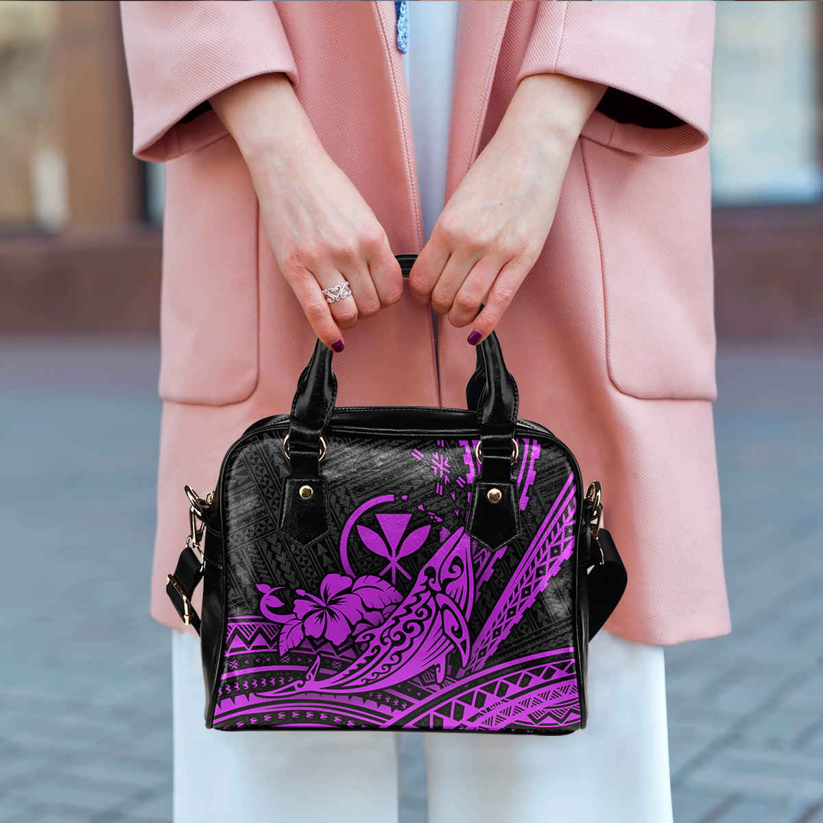 Hawaii Humpback Whale With Hibiscus Tribal Purple Shoulder Handbag - LT12 - Polynesian Pride