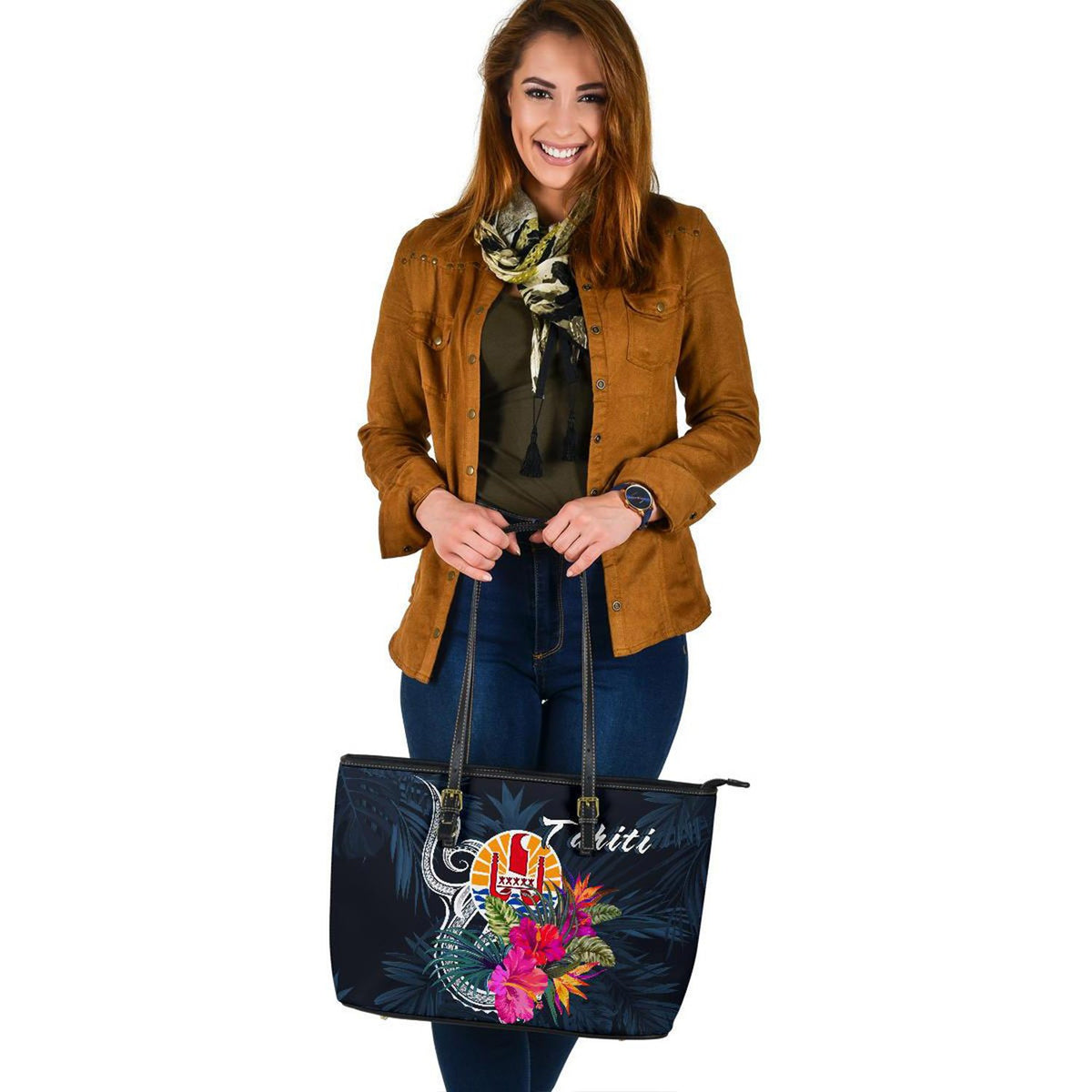 Tahiti Polynesian Large Leather Tote - Tropical Flower - Polynesian Pride