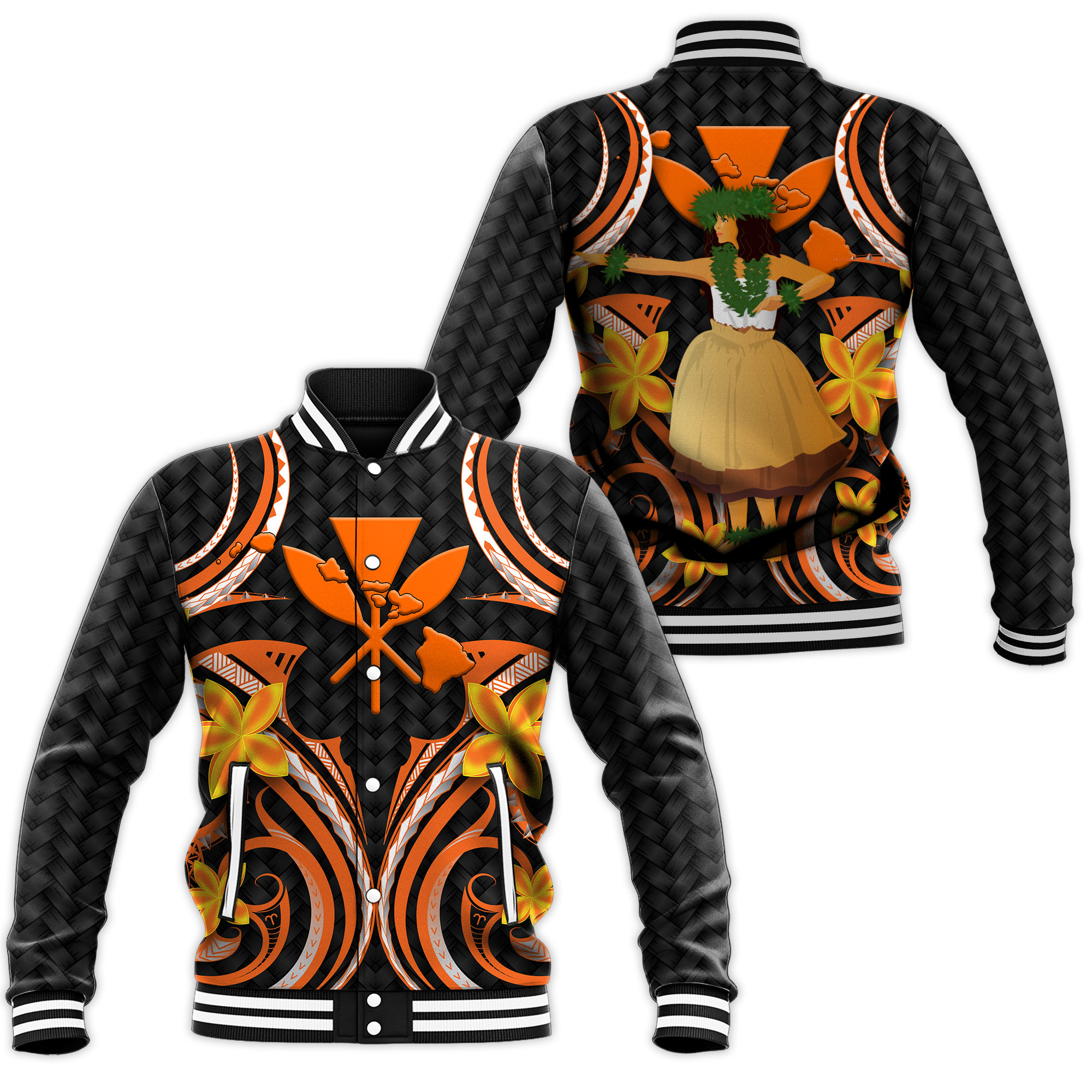 Hawaii Hula Girl Floral Baseball Jacket - LT12 Unisex Black - Polynesian Pride