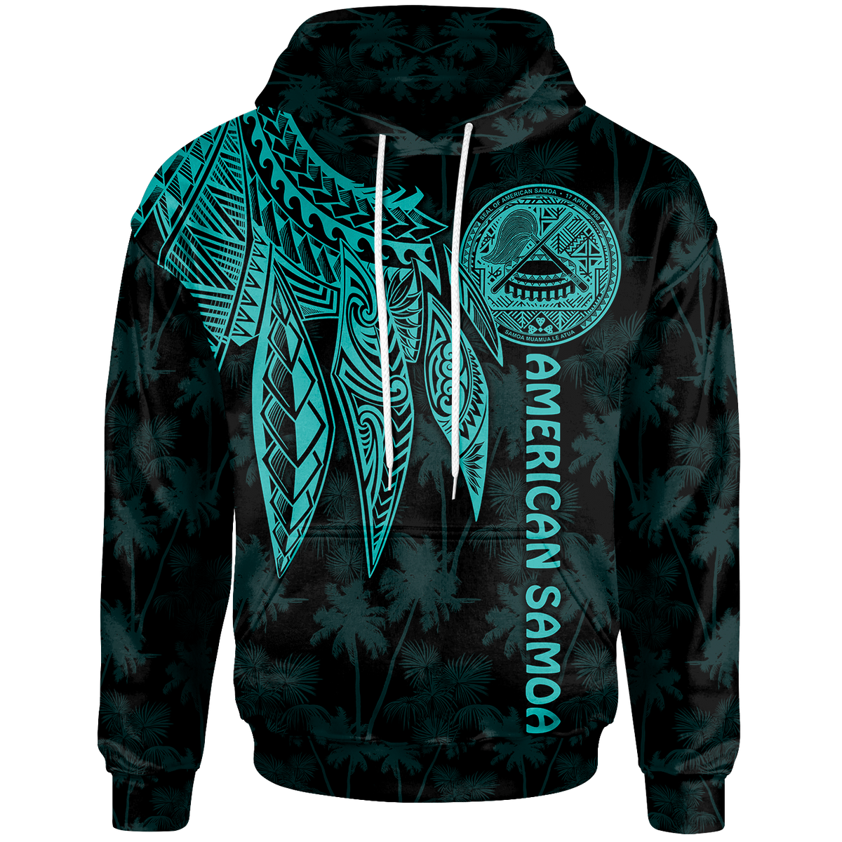 American Samoa Hoodie Polynesian Wings (Turquoise) Unisex Black - Polynesian Pride