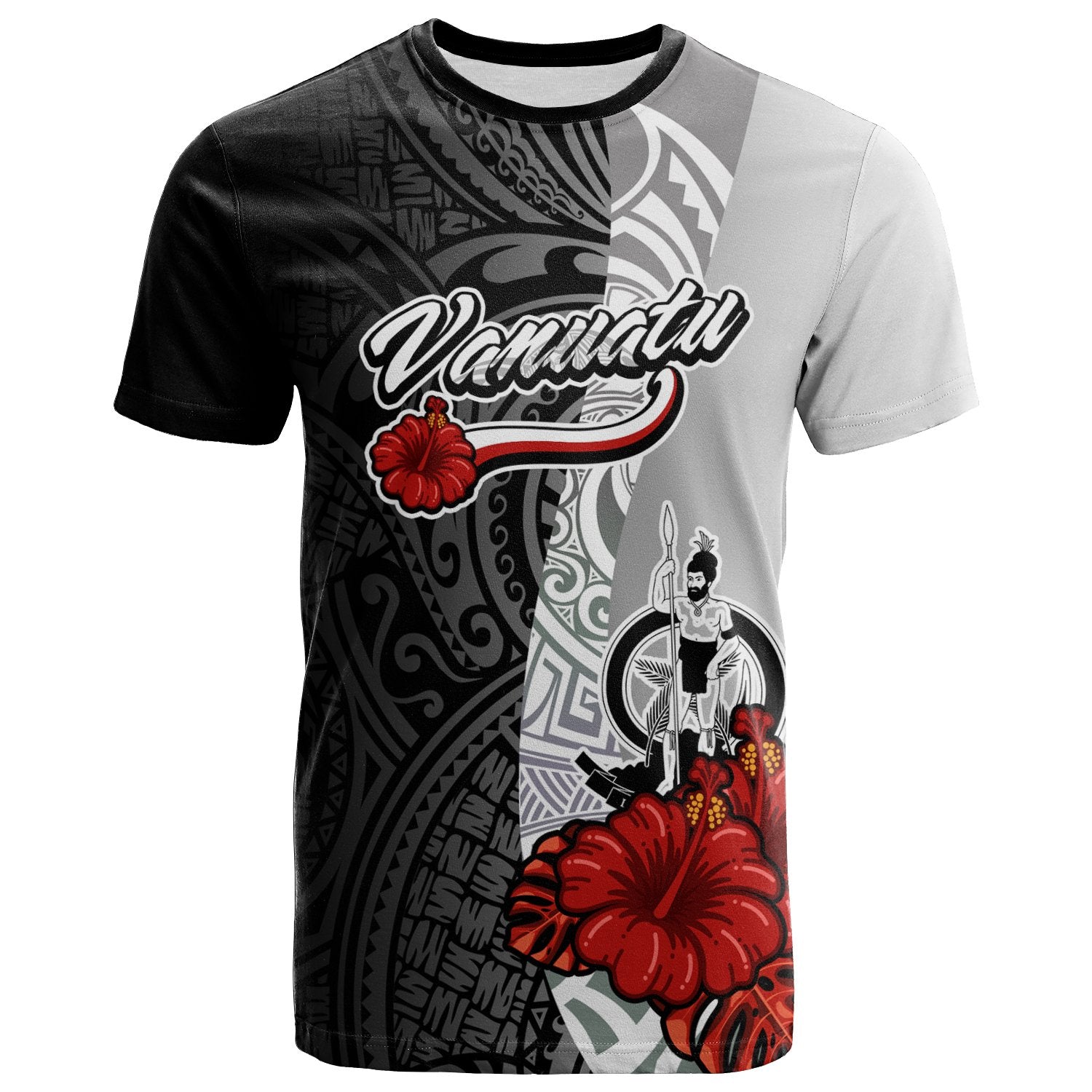 Vanuatu Polynesian T Shirt Coat of Arms With Hibiscus White Unisex Art - Polynesian Pride