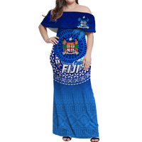 (Custom Personalised) Fiji Tapa Tribal Coconut Tree Off Shoulder Long Dress - LT12 Long Dress Blue - Polynesian Pride