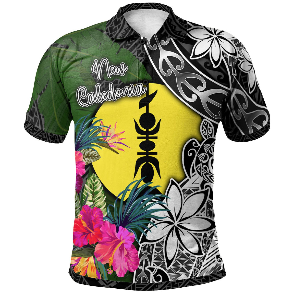 New Caledonia Polo Shirt Turtle Plumeria Banana Leaf Unisex Black - Polynesian Pride