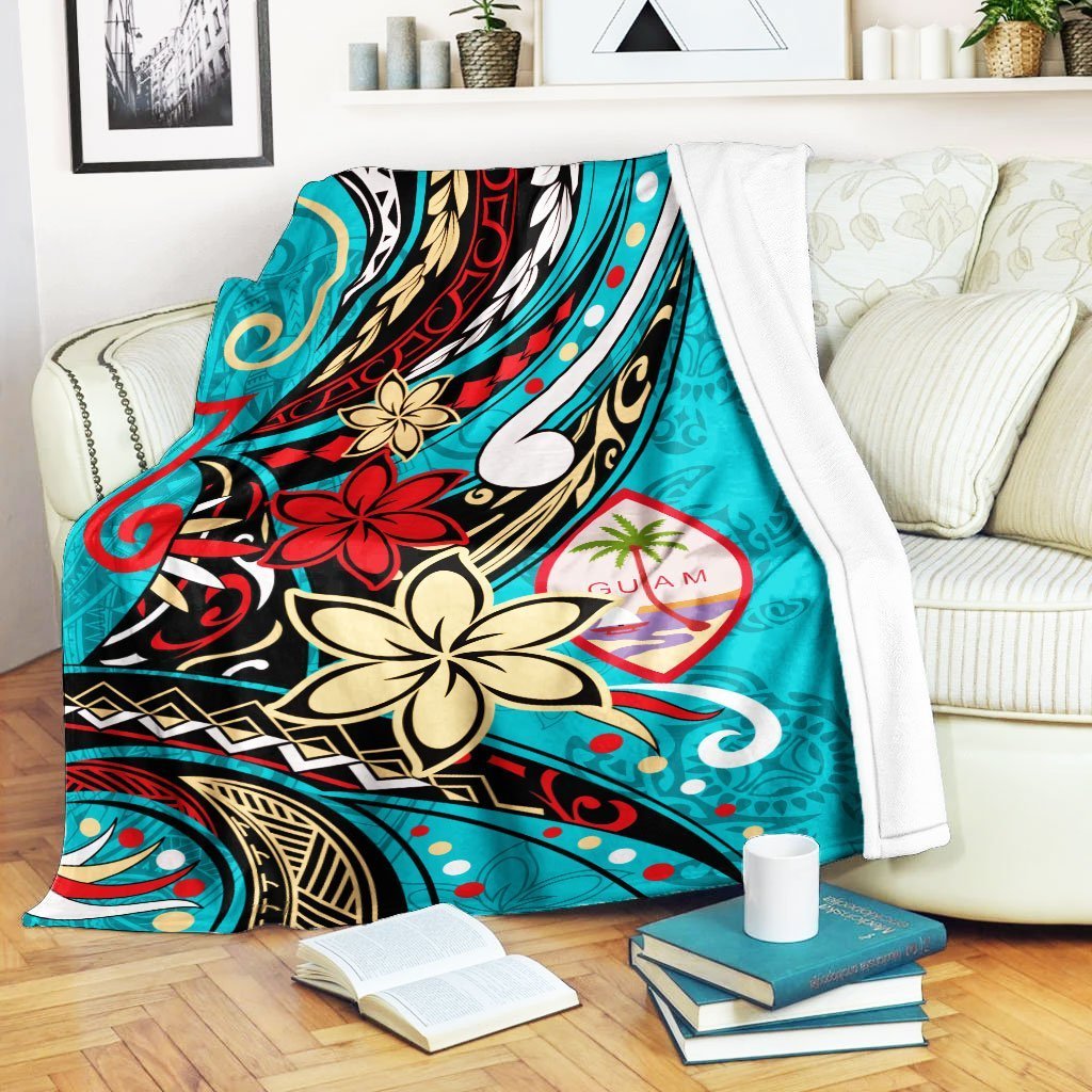 Guam Premium Blanket - Tribal Flower With Special Turtles Blue Color White - Polynesian Pride
