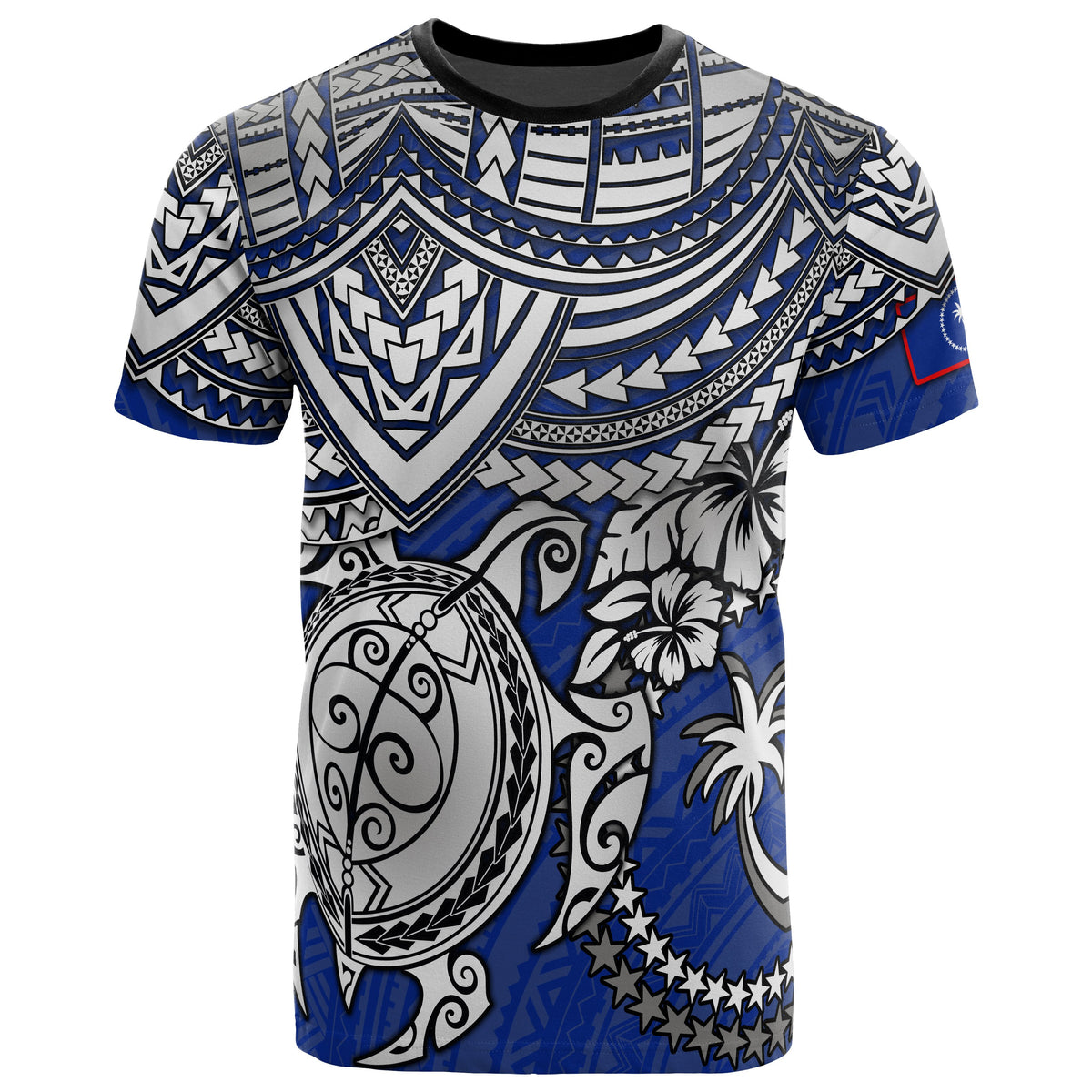 Chuuk T Shirt Chuuk Flag Polynesian White Turtle Hibiscus (Blue) Unisex Blue - Polynesian Pride