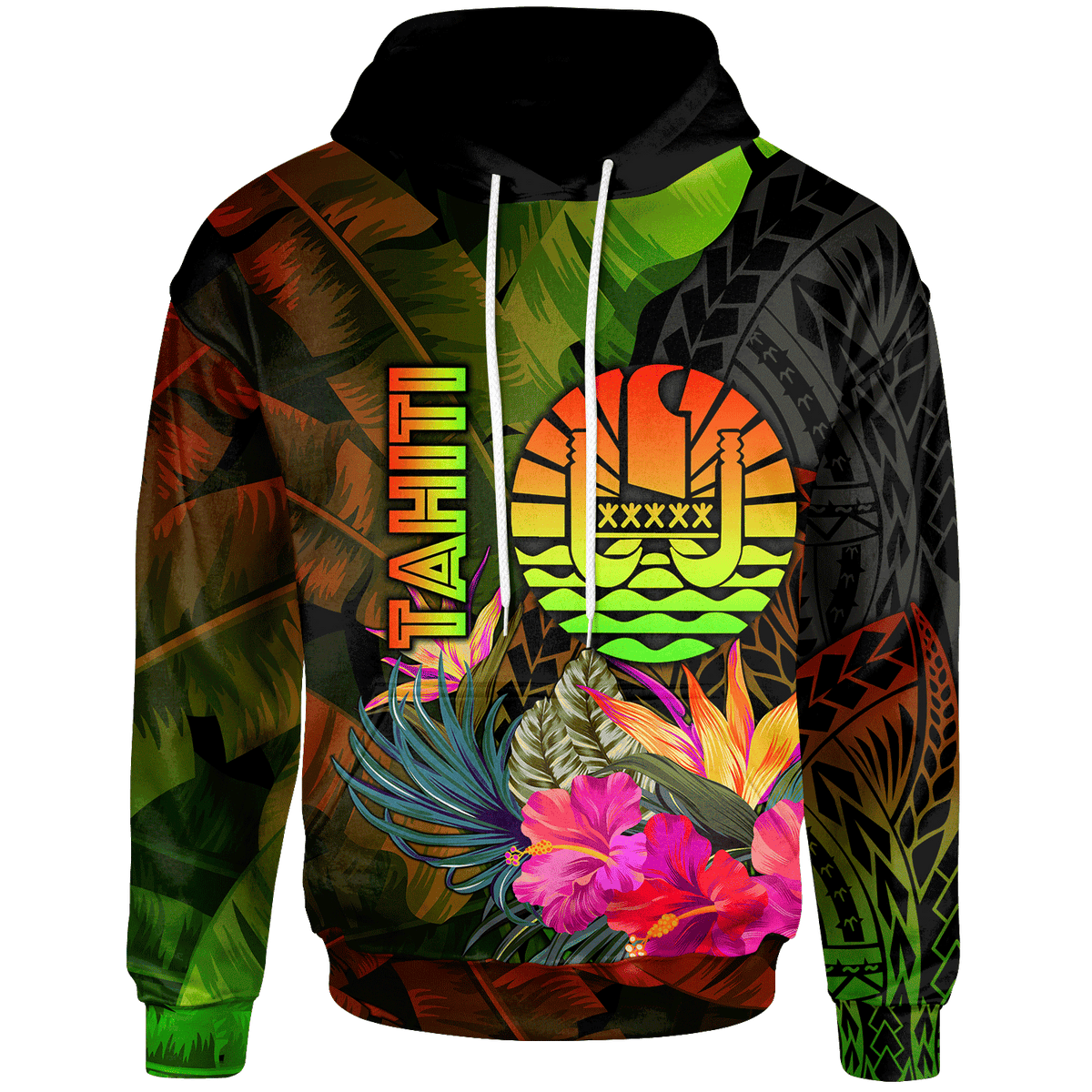 Tahiti Polynesian Hoodie Hibiscus and Banana Leaves Unisex Reggae - Polynesian Pride