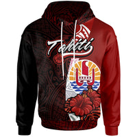 Tahiti Polynesian Hoodie Coat of Arms With Hibiscus Unisex Red - Polynesian Pride