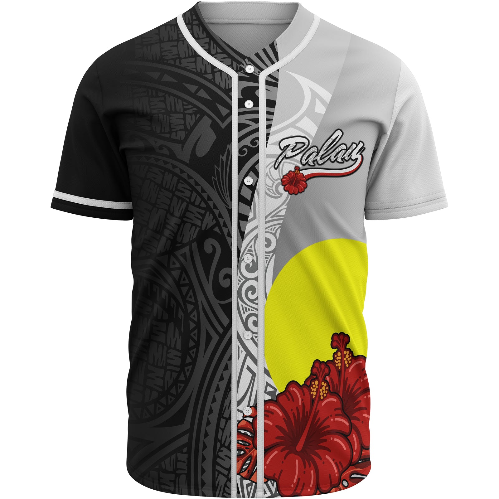 Palau Polynesian Baseball Shirt - Coat Of Arm With Hibiscus White Unisex White - Polynesian Pride