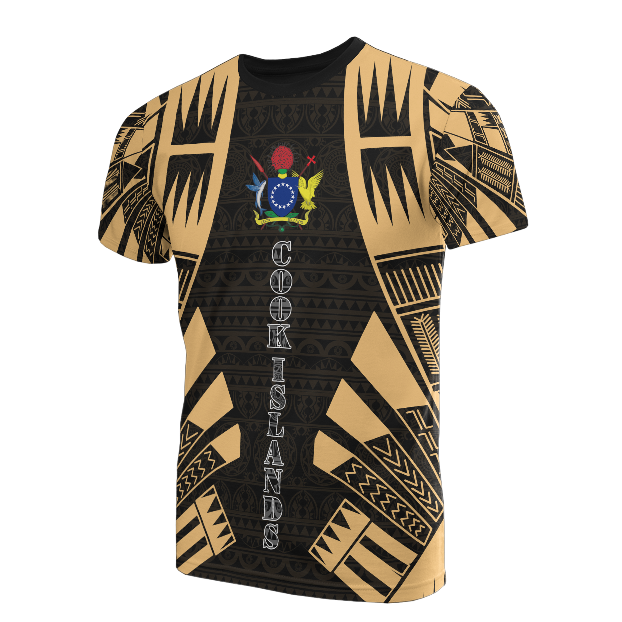 Cook Islands T Shirt Polynesian Coat of Arms Polynesian Tattoo Gold Style Unisex Black-Gold - Polynesian Pride