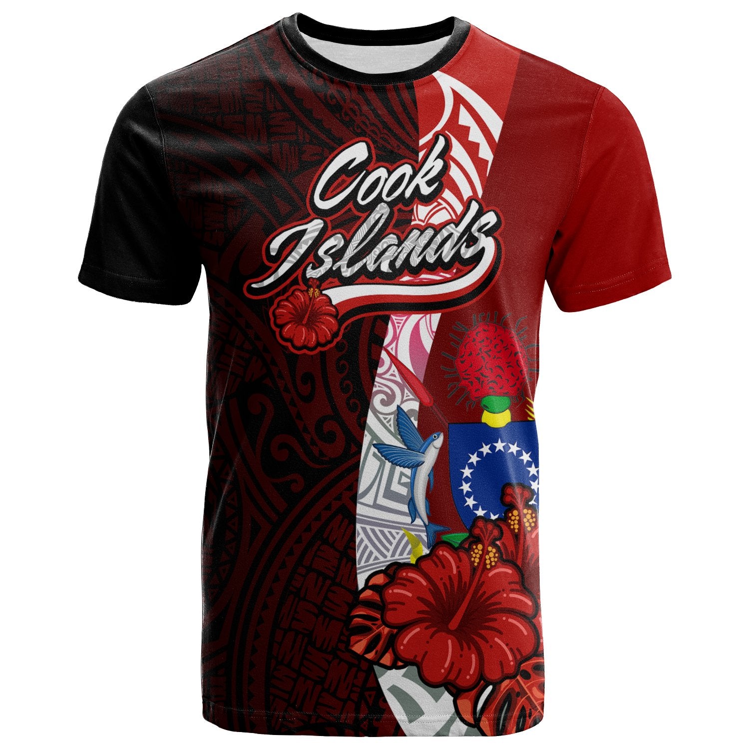 Cook Islands Polynesian T Shirt Coat of Arm With Hibiscus Unisex Red - Polynesian Pride