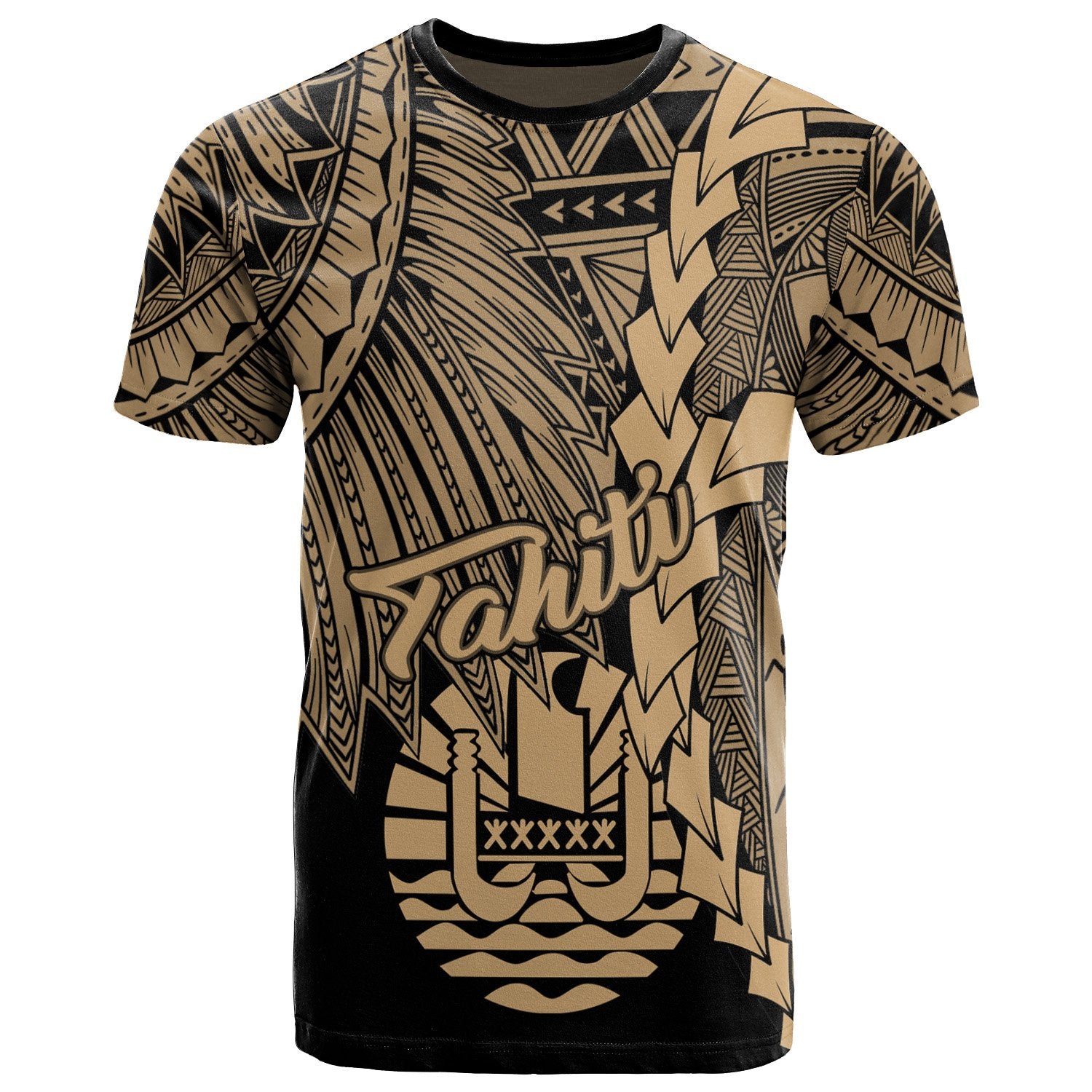 Tahiti Polynesian T Shirt Tribal Wave Tattoo Gold Unisex Gold - Polynesian Pride