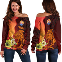 Tahiti Women's Off Shoulder Sweater - Tribal Tuna Fish Orange - Polynesian Pride