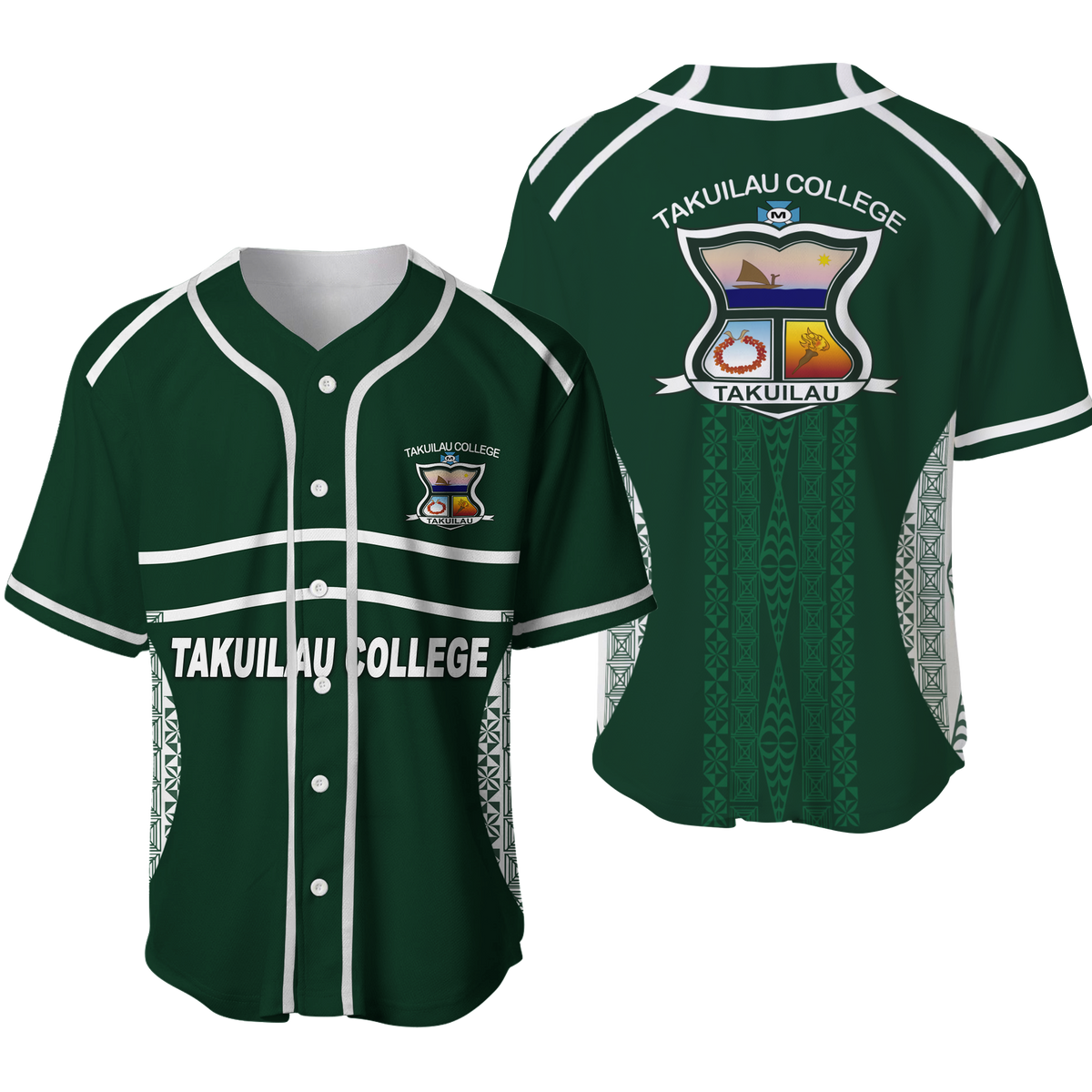 Takuilau College Tongan Patterns Baseball Jersey - LT12 Green - Polynesian Pride