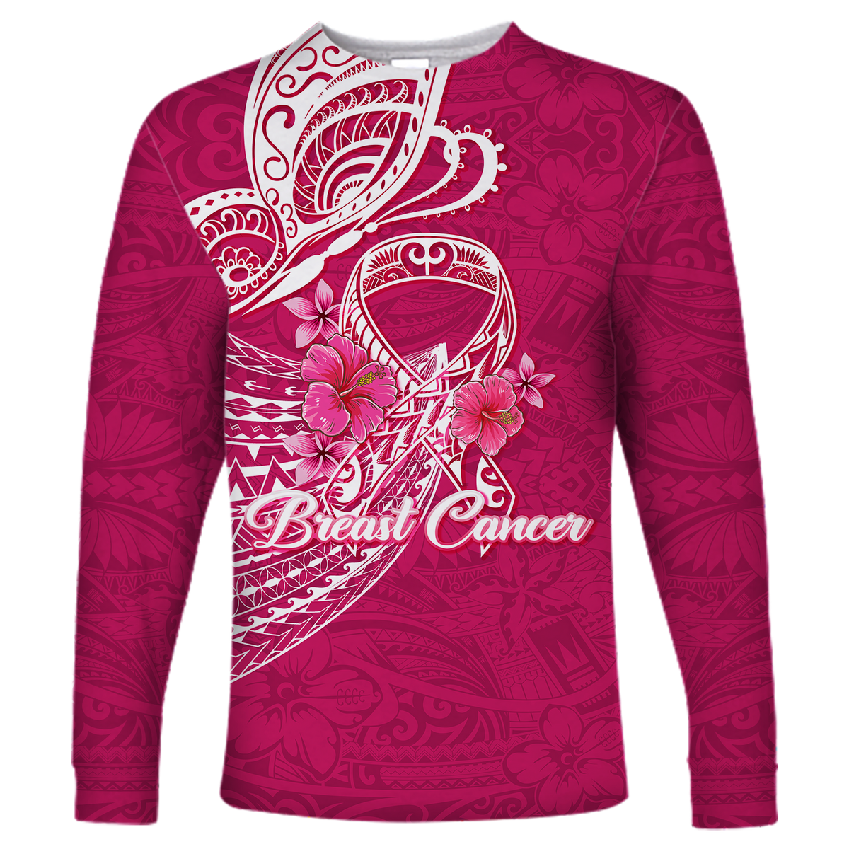 Breast Cancer Pink Ribbon Butterfly Polynesian Pink Version Long Sleeve Shirt - LT12 Unisex Pink - Polynesian Pride