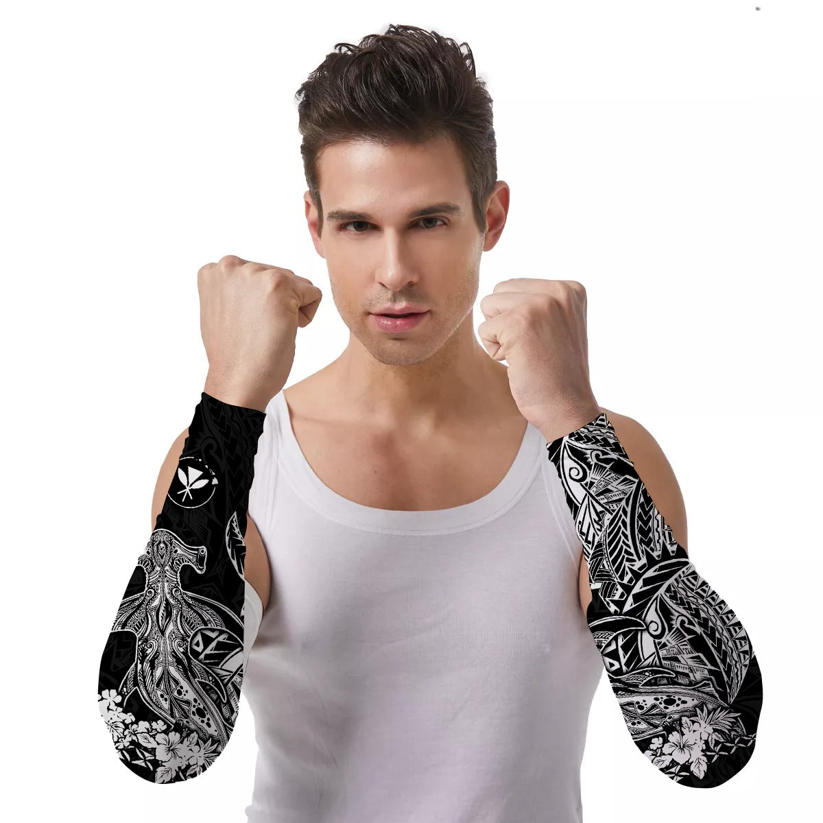 Arm Sleeves (Set of Two) Hawaii Wild Hammerhead Sharks Ver.01 LT13 Set of 2 Black - Polynesian Pride