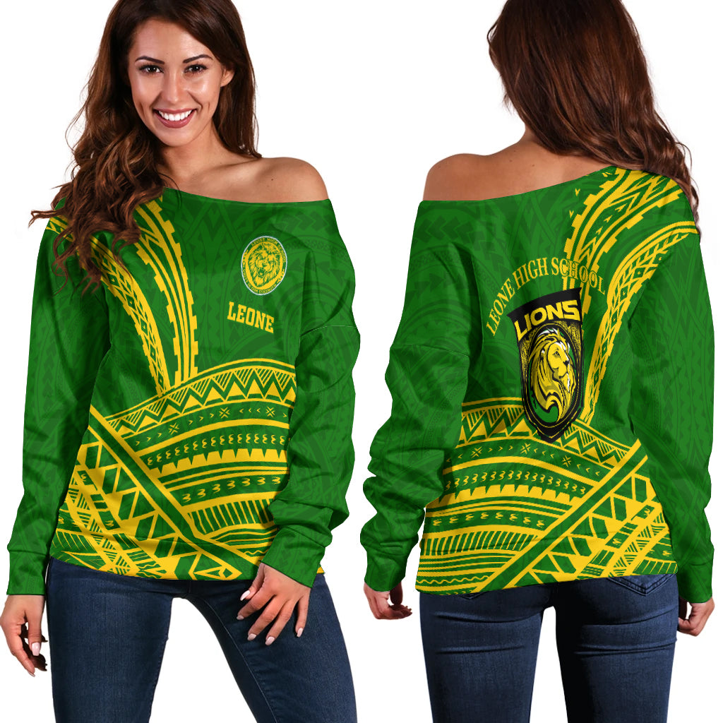 Leone High School Pride Women Off Shoulder Sweater - LT12 Green - Polynesian Pride