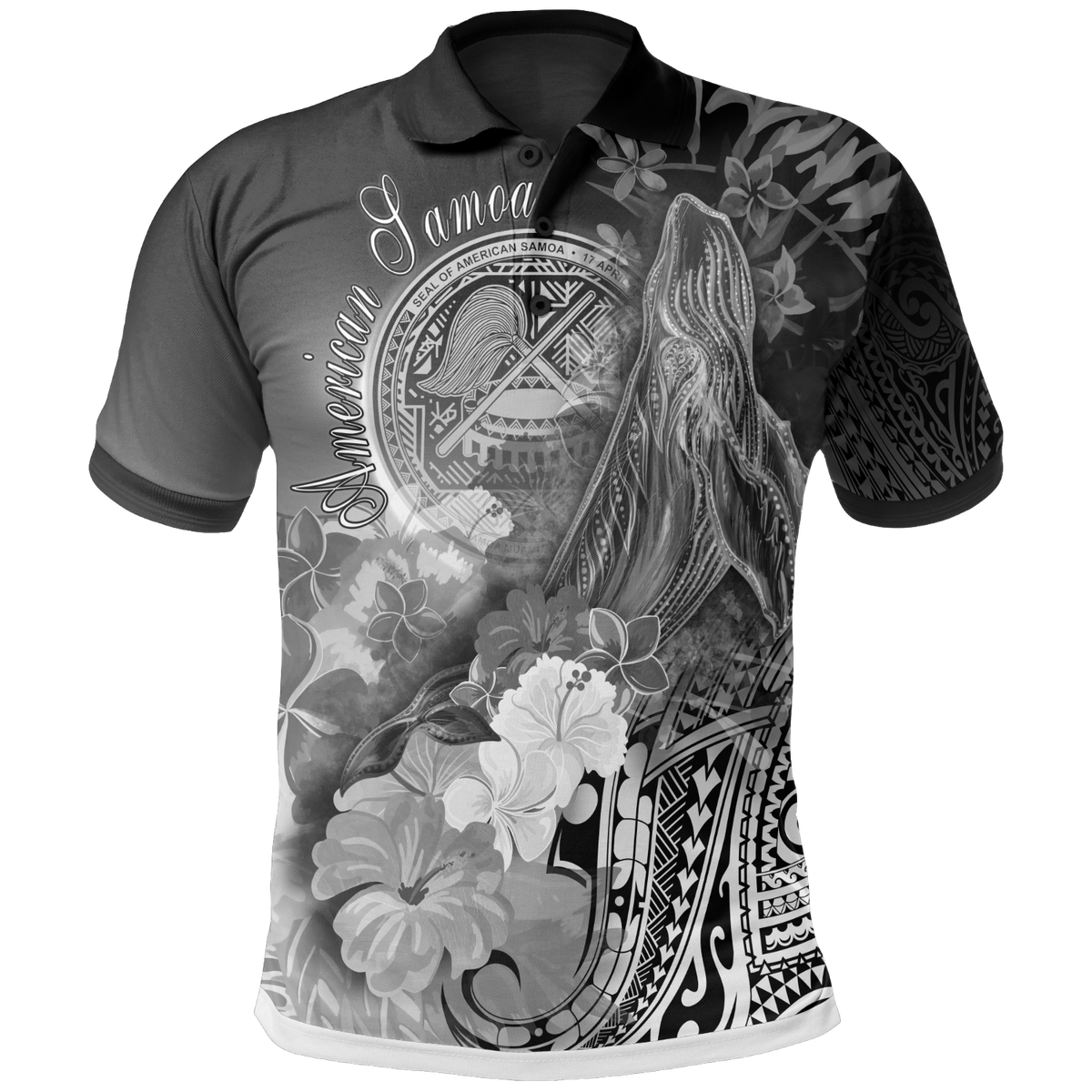 American Samoa Polynesian Polo Shirt Humpback Whale with Tropical Flowers (White) Unisex White - Polynesian Pride