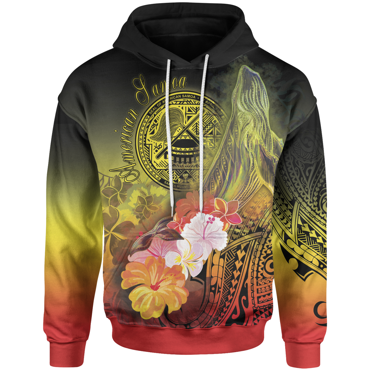 American Samoa Polynesian Hoodie Humpback Whale with Tropical Flowers Unisex Blue - Polynesian Pride