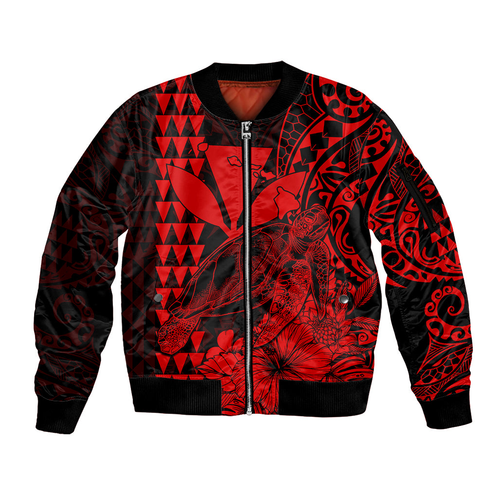Kakau Polynesian Tribal Hawaiian Turtle with Kanaka Maoli Red Sleeve Zip Bomber Jacket LT9 Unisex Red - Polynesian Pride